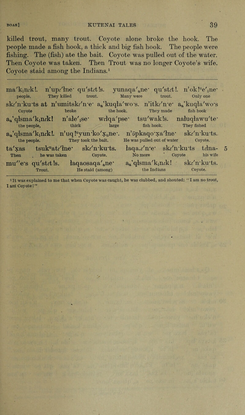 killed trout, many trout. Coyote alone broke the hook. The people made a fish hook, a thick and big fish hook. The people were fishing. The (fish) ate the bait. Coyote was pulled out of the water. Then Coyote was ta.ken. Then Trout was no longer Coyote’s wife. Coyote staid among the Indians.* 1 ma'kimk!. n’updlne' qu'stdds. yunaqa'ane* qu'stdd. n’okhe'iiie* people. They killed trout. Many were trout. Only one sk/n’ku'ts at nTimitsk^n'e* aa'kuqla'wcrs. n’itk/me* aa'kuqla'wo's Coyote broke the hook. They made fish hook aa'qlsma'kimk! n’alehse* wdqa'pse- tsu'wakls. naluqlawu'te' the people, thick large fish hook. They fished aTqlsma'kimk!. n’uqhymrko'Xune’. n’typhaqo^xa'lne' sk^'n'ku’ts. the people. They took the bait. He was pulled out of water Coyote. ta'xas tsukuatTlne* sk/n'ku'ts. Then , he was taken Coyote. mu'Vs qu'stdds. laqaosaqa'ane* Trout. He staid (among) laqa.^Tre* skTn'ku'ts tdna- No more * Coyote his wife aa'qlsma'kimk! sk/n'kuTs. the Indians Coyote. 1 It was explained to me that when Coyote was caught, he was clubbed, and shouted: “I am no trout, I am Coyote! ”