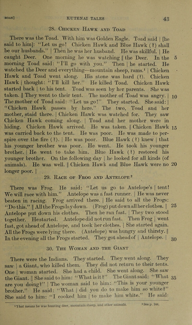 28. Chicken Hawk and Toad There was the Toad. With him was Golden Eagle. Toad said | [he said to him]: “Let us go! Chicken Hawk and Blue Hawk (?) shall be our husbands.” | Then he was her husband. He was skillful. | He caught Deer. One morning he was watching || the Deer. In the 5 morning Toad said: “141 go with you.” Then | he started. He watched the Deer and everything—mountain sheep, rams.1 j Chicken Hawk and Toad went along. His stone was hard (?). Chicken Hawk | thought: “141 kill her.” He killed Toad. Chicken Hawk started back | to his tent. 4k>ad was seen by her parents. She was taken. || They went to their tent. The mother of Toad was angry. | ip The mother of Toad said: “Let us go!” They started. She said: j “Chicken Hawk passes by here.” The two, Toad and her mother, staid there. | Chicken Hawk was watched for. They saw Chicken Hawk coming along. | Toad and her mother were in hiding. Chicken Hawk arrived. He was taken. || Chicken Hawk 15 was carried back to the tent. He was poor. He was made to per¬ spire over the fire (?). | He was poor. Blue Hawk (?) knew | that his younger brother was poor. He went. He took his younger brother. | He went to take him. Blue Hawk (?) restored his younger brother. On the following day | he looked for all kinds (of animals). He was well. || Chicken Hawk and Blue Hawk were no 20 longer poor. | 29. Race of Frog and Antelope 2 There was Frog. He said: “Let us go to Antelope’s | tent! We will race with him.” Antelope was a fast runner. | He was never beaten in racing. Frog arrived there. | He said to all the Frogs: “ Do this.” || All the Frogs lay down. (Frog) put down all her clothes. | 25 Antelope put down his clothes. Then he ran fast. | They two stood together. He started. Antelope did not run fast. Then Frog | went fast, got ahead of Antelope, and took her clothes. | She started again. All the Frogs were lying there. (Antelope) was hungry and thirsty. || In the evening all the Frogs started. They got ahead of ( Antelope. | 3Q 30. The Woman and the Giant There were the Indians. They started. They went along. They saw | a Giant, who killed them. They did not return to their tents. One | woman started. She had a child. She went along. She saw the Giant. || She said to him: “What is it?” The Giant said: “What 35 are you doing?” | The woman said to him: “This is your younger brother.” He said: “What j did you do to make him so white? She said to him: “I cooked him | to make him white.” He said: 1 That means he was hunt ing deer, mountain sheep, and other animals. 2 See p. 244.