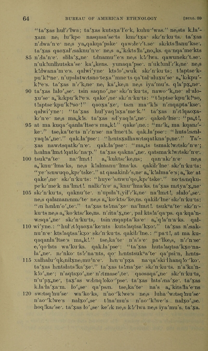 “ta'xas hulYlwa; ta'xas kutsxa'IVk, kuhir'was.” neists k.la'- xam nei lu'kpo nasqasa'se'ts knu'txa* sk/n*ku*ts. ta'xas nklwa'n*e* neis yaaqakqa'pske* qawulev't.se* sk^ktsllanu'kse*. ta'xas qaoxalksaknu'n*e* neis aa'k.'kts!la'anouks. qa*nqa'me*kts 85 n’4a'n*e*. slila'xane* t4namu'7e*s neis kk'lwa. qawunek^'t.se*. n’ukkmlhutska'se* ka'akens. yunaqa'pse*. n’uklunlYkine* neis k!4wana'm*e*s. qalwi'yne* kts!o'uwuk sk<r'n*ku*ts; t!aptse*k- pu'kkne*. n7upslatw4sno*texa'7mne*ts qa'tai'aluxu'se* aa'k4qyu'- k!ue*s. ta'xas nYl^ne* net ka'akeiii neis iya'mu’s. q!a'pxane*. 90 ta'xas laIo'use*. tsin saqno'une* sk^'irkirts, nawo*'kune* skalo- xu'se* aa'k4q)u'k!ue*s. qake'pie* sk;'n*kirts: “t !aptse*kpu'k!uso, t !aptse*kpu'k!uso*!7’ qaoxa'xe*, tsm ma*'k!s nknqapta'kse*. qalwi'yne*: 11 ta'xas hul7yaq!axa'me*k.77 ta'xas n7<4!qaoxa- k^'n*e* neis maak!s. ta'xas sTyaq!a'ane*. qakek'lne*: “paat!, 95 at ma kuqa*7qanla'ltse*s maak!.77 qake'ine.: m/ka ma kqaiu'- ke*.77 tseika'te’ts nYn'se* na'lme*t!s. qak.la'pse*: “huts^sml- yaq!a'ane*.77 qak.la'pse*: “hmtsxalhaw4sqatkna'pine*.77 Ta'¬ xas naw^tsqatk/n*e*. qak.la'pse*: “maats tsmak!w^tsk^'n*e*; hmlna'lnut !qatk/na*p.77 ta'xas qakna'ane*. qatsma*k!w4sk/n*e*. 100 tsukua'te* na*'lnut! aa'kukts^'keins; qan*ak^'n*e* neis aa'knu*'lma*ks, nets k!almamr'lma*ks. qakik'lne* sk/iuku'ts: “ye*'smwuqoukp^'tske*.77 at qasakink'sine* aa'k!alma'e*s; aa'ke* at qake'ine* sk/n*ku*ts: “liuye*vsmwn'qoukp;'tske*.77 no*tsmqku- pe*k/me*k na'lnut!. nalk^'me* aa'knu*'lma*ks. ta'xas nutya'xane* 105 sk/n*ku*ts7 qaknu'te*. nTipsla'tiyilYkine* na'lnnt!, slalo'use*. neis qalamanmnu'te* neis aa'ko*kts^'keins. qakik'lne* sk^'n*ku*ts: “en hmkn7o'ute*.77 ta'xas tskna'xe* na'lnut!. tsukua'te* sk^'n*- ku*ts ne^ aa'ko*kts^'keins. n74ta'xane*, pal kts!a'qa*ps. qa*kqa'n- w^sqa'ane* sk^'n*ku*ts; tsinvnqapta'ks*e* aa'q!a'n*a*ks. qal- 110 wi'yne.: “hulvt !qaoxa'ke*nts kutslaqtsa'kxo*.77 ta'xas nksak- nu'ire* ktslaqtsa'kxo* sk^'n*ku*ts. qakik'lne.: “pa*t!, at ma ku- qaqanla'ltse*s maak!.77 tseika'te* n7a's*e* pa*'lkeiS; nYn*se* e/qoists wa'kirks. qak.la'pse*: “ta'xas huts!aqtsa'kxo*na- la'ane*. m'nko* tsYna*nts; qo* hmtstsukua'te* qa'psi*n? hmts- 115 xalhalu*'qkinilxneimn'n*e*. Imru'pxa na*qa'ski*ihanq!o*'ko\ ta'xas hmtslatslka'xe*.77 ta'xas tslma'xe* sk/n*ku*ts. n7avka7n- • • • • k!o'une*; n7aqtsxo'uiie* nktmase'ite*. qaosaqa'ane* sk''n*ku*ts, n7u'pxane*, tax'as w4mq !oko*'pse*. ta'xas latskna'xe*. ta'xas k.la*la'xa*m. lo'use* qa'psm. tseika'te* na7s aa'kits!la'e*ns 120 swTsq Inu'se* wa'ko’ks, n’ao*'k!we*s neis luha*V<rtsq!nu'se* n7ao*'k!we*s nalxo'use* tlna'mu’s n7ao*'k!we*7s nalxo'use. hoq!ka/se*. ta'xas lo'use* ke'^k neis k.Ylwa nejS iya'mu’s. ta'xa.