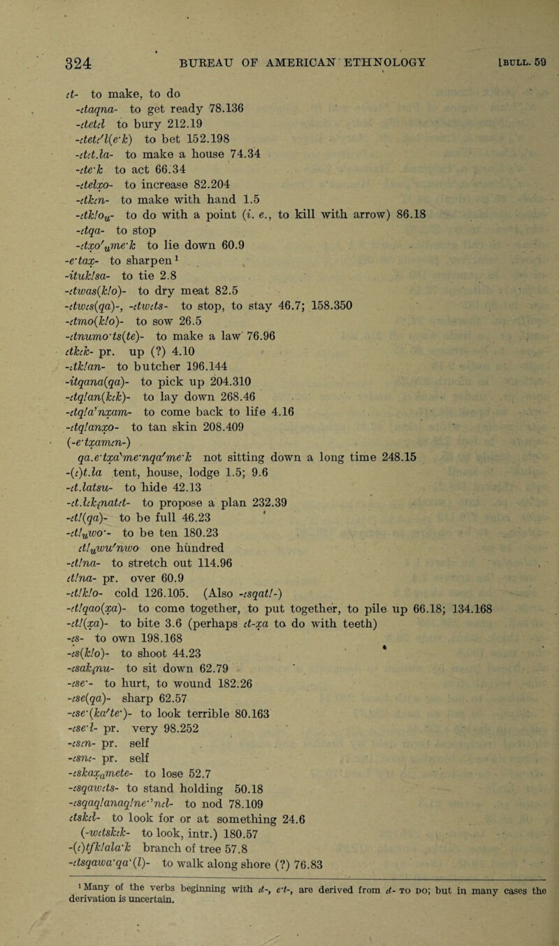 et- to make, to do -daqna- to get ready 78.136 -etetcl to bury 212.19 -deU'l(e‘k) to bet 152.198 -rtct.la- to make a bouse 74.34 -de'k to act 66.34 -delxo- to increase 82.204 -dhn- to make with hand 1.5 -dk!ou- to do with a point (i. e., to kill with arrow) 86.18 -dqa- to stop -dxo'nme‘k to lie down 60.9 -e'tax- to sharpen1 -ituklsa- to tie 2.8 -dwas(k!o)~ to dry meat 82.5 -dwcs(qa)-, -dwds- to stop, to stay 46.7; 158.350 -dmo{k!o)- to sow 26.5 -dnumodsite)- to make a law' 76.96 dkck- pr. up (?) 4.10 -dk!an- to butcher 196.144 -itqana(qa)- to pick up 204.310 -dq!an(kck)~ to lay down 268.46 -dqla’nxam- to come back to life 4.16 -dqlanxo- to tan skin 208.409 (-edxamm-) qa.edxa'me’nqa'me'k not sitting down a long time 248.15 -(c)t.la tent, house, lodge 1.5; 9.6 -d.latsu- to hide 42.13 -d.lck{natd- to propose a plan 232.39 -d!(qa)~ to be full 46.23 -d!uwo‘- to be ten 180.23 dluwu'nwo one hundred -d!na- to stretch out 114.96 d!na- pr. over 60.9 -d!k!o- cold 126.105. (Also -csqat!-) -d!qao(xa)~ to come together, to put together, to pile up 66.18; 134.168 -d!(xa)- to bite 3.6 (perhaps d-xa to do with teeth) -cs- to own 198.168 -cs(k!o)~ to shoot 44.23 -csakfiu- to sit down 62.79 -cse‘- to hurt, to wound 182.26 -ise(qa)~ sharp 62.57 -:se‘(ska/te,)~ to look terrible 80.163 -cse l- pr. very 98.252 -csm- pr. self -csru- pr. self -cskaxamete- to lose 52.7 -csqawds- to stand holding 50.18 -csqaq!anaq!ne-,nd- to nod 78.109 dskcl- to look for or at something 24.6 (-wdshk- to look, intr.) 180.57 -(c)tfk!ala‘k branch of tree 57.8 -dsqawa’qa'(l)~ to walk along shore (?) 76.83 1 Many the verbs beginning with it-, e~t-, are derived from it- to do; but in many cases the derivation is uncertain.