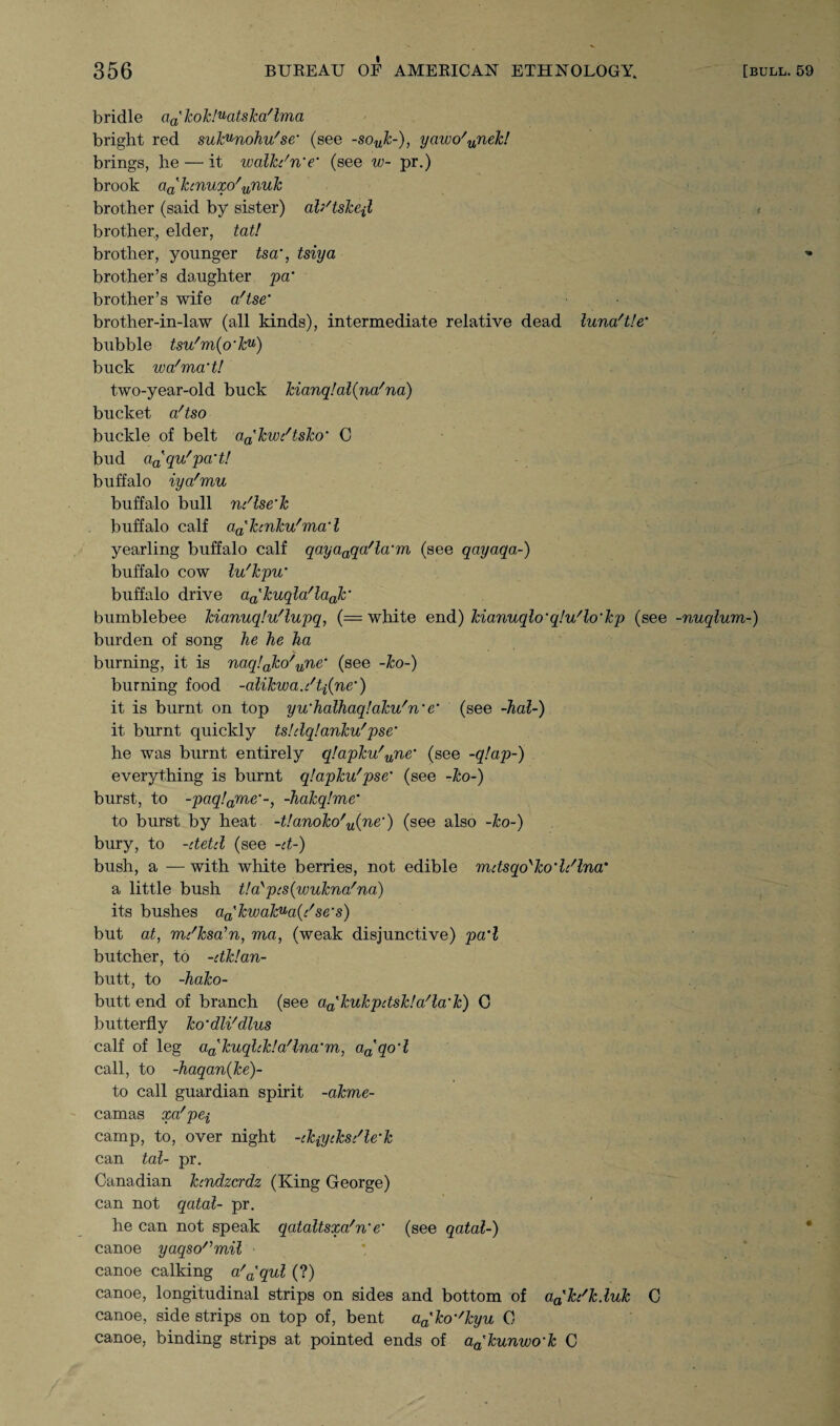 bridle aa'kok!uatska/lma bright red sukunohu'se' (see -souk-), yau>o'unek! brings, he — it walkin'e' (see w- pr.) brook Qakcnuxo' Unuk brother (said by sister) ab'tskejl brother., elder, tat! brother, younger tsa’, tsiya brother’s daughter pa' brother’s wife a'tse’ brother-in-law (all kinds), intermediate relative dead luna'tle* bubble tsu'm(o'ku) buck wa'ma’t! two-year-old buck kianq!al(na/na) bucket a'tso buckle of belt aa'kw/tsko‘ C bud aaqu'pa’t! buffalo iya'mu buffalo bull ndlse’k buffalo calf aa'hnku'ma‘l yearling buffalo calf qayaaqa'la'm (see qayaqa-) buffalo cow lu'kpu’ buffalo drive au'kuqla'laak‘ bumblebee kianuqlu'lupq, (= white end) kianuqloq!u'lo‘kp (see -nuqlum-) burden of song he he ha burning, it is naq.'ako^ne’ (see -ko-) burning food -alikwa.dt^ne') it is burnt on top yu'halhaqlaku'n’e‘ (see -hal-) it burnt quickly ts!dq!anku'pse’ he was burnt entirely q!apku'une• (see -q!ap-) everything is burnt qlapku'pse* (see -ko-) burst, to -paq!ame'~, -hakqlme* to burst by heat -V.anoko'u{ne‘) (see also -ko-) bury, to -detd (see -d-) bush, a — with white berries, not edible mdsqokko'h'lna° a little bush t!aypcs(wukna'na) its bushes aa'kwakua(dse‘s) but at, mdksd’n, ma, (weak disjunctive) pa’l butcher, to -dk!an- butt, to -hako- butt end of branch (see a^kukpdskla'la'k) C butterfly ko'dli'dlus calf of leg aakuqlckla'lna’m, aa'qo‘l call, to -haqanike)- to call guardian spirit -akme- camas xa/ pe^ camp, to, over night -ckiycksc'le'k can tal- pr. Canadian hndzcrdz (King George) can not qatal- pr. he can not speak qataltsxa'n'e' (see qatal-) canoe yaqso^mil canoe calking a'a'qul (?) canoe, longitudinal strips on sides and bottom of aa'h'k.luk C canoe, side strips on top of, bent aa'ko-'kyu 0 canoe, binding strips at pointed ends of aa'kunv)0'k C