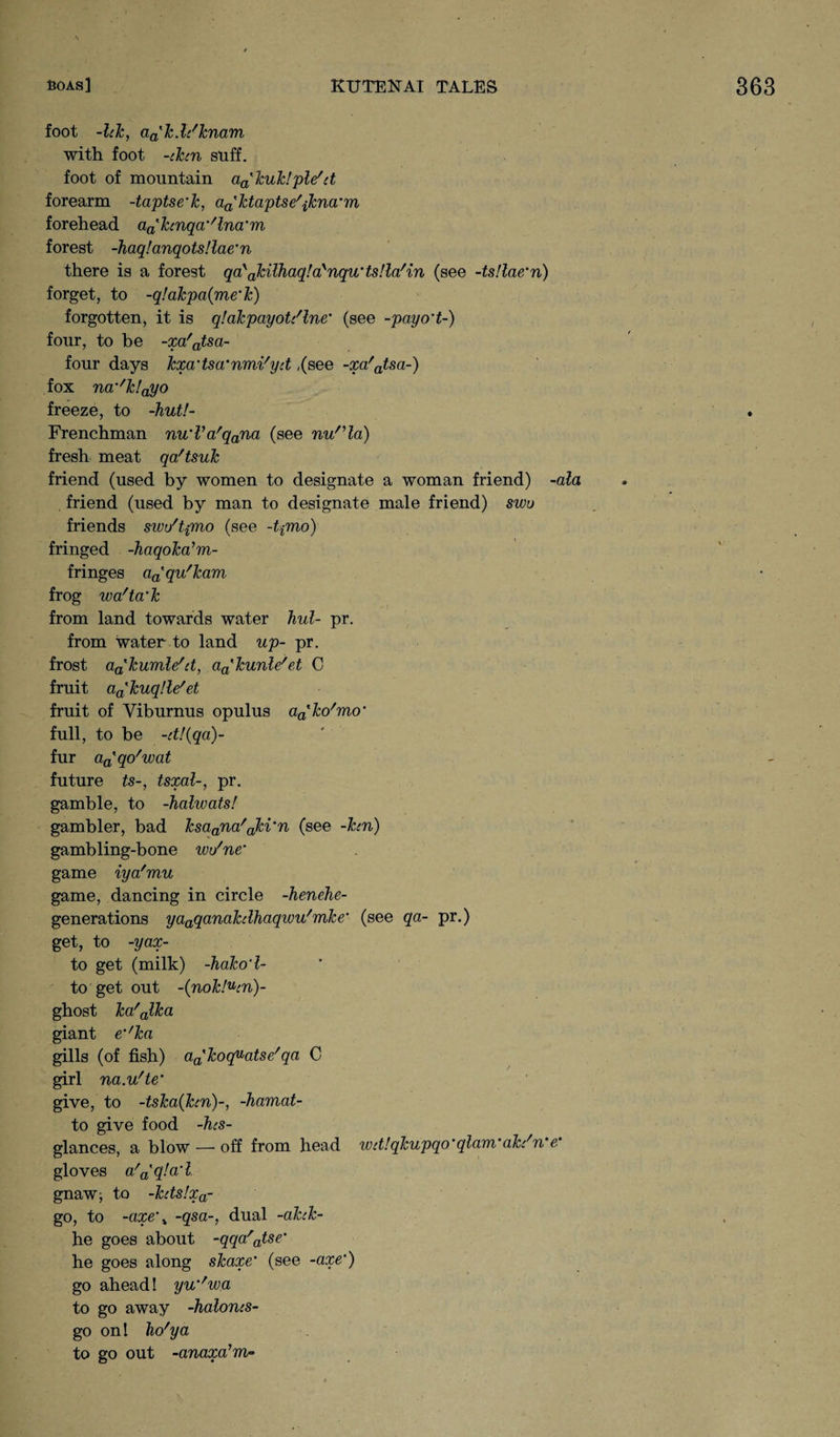 foot -lek, aa'k.l/knam with foot -then stiff, foot of mountain aa'kuk!ple'd forearm -taptse’k, aatktaptse/{kna‘m forehead a^kcnqa’'lna’m forest -haq!anqots!lae'n there is a forest qayakilhaq!ay‘nqu'ts!la/in (see -tstlae’n) forget, to -q!akpa(me‘k) forgotten, it is qlakpayott'lne' (see -payo't-) four, to be -xa'atsa- four days kxadsa'nmi'yd ,(see -xa'atsa-) fox na’fklayo freeze, to -hut!- Frenchman nu'Va'qana (see nunla) fresh meat qa'tsuk friend (used by women to designate a woman friend) -ala friend (used by man to designate male friend) swo friends swu'tpno (see -t{mo) fringed -haqoka’m- fringes a^qy/ham frog wa'ta’k from land towards water hul- pr. from water to land up- pr. frost aa'kumle'rt, aa'kunle/fet C fruit a.a'kuqUe'et fruit of Yiburnus opulus aako'mo' full, to be -d!(qa)- fur aa'qo'wat future ts-, tsxal-, pr. gamble, to -halwatsl gambler, bad ksaana/aki'n (see -hn) gambling-bone wu'ne' game iya'mu game, dancing in circle -henehe- generations yaaqanakdhaqiou'mke’ (see qa- pr.) get, to -yax- to get (milk) -hako'l- to get out ~{nok!ucn)- ghost ka/alka giant e'rka gills (of fish) aa'koquatse'qa C girl na.u'te’ give, to -tska(kcn)~, -hamat- to give food -hcs- glances, a blow — off from head wdlqkupqo’qlam’akdn'e* gloves a'^ q!a'l, gnaw, to -kds!xa- go, to -axe\ -qsa-, dual -ahk- he goes about -qqa'atse‘ he goes along skaxe' (see -axe) go ahead! yu‘rwa to go away -halorns- go on! ho'ya to go out -anaxa’m-