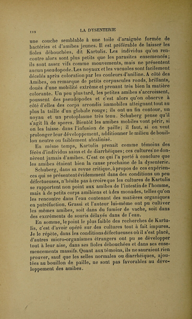 une couche semblable a une toile d’araignee formee de bacteries ct d’amibes jeunes. II est preferable de laisser les fioles debouchees, dit Kartulis. Les individus qu’on ren- contre alors sont plus petits que les parasites ensemences; ils sont assez vifs comme mouvements, mais ne presentent aucun pseudopode.Les noyaux et les vacuoles sont Incitement deceles apres coloration par les couleurs d’aniline.A cote des Amibes, on remarque de petits corpuscules ronds, brillants, doues (Tune mobilite extreme et prenant tres bien la matiere colorante. Un peu plustard, les petites amibes s’accroissent, poussent des pseudopodes et c est alors qu on observe a cote d’elles des corps arrondis immobiles atteignant tout au plus la taille d’un globule rouge; ils ont un fin contour, un noyau et un protoplasme tres tenu. Schuberg pense qu’il s’agit la de spores. Bientot les amibes mobiles vont perir, si on les laissev dans l’infusion de paille; il faut, si on veut prolonger leur developpement, additionner le milieu de bouil¬ lon neutre ou faiblement alcalinise. En merne temps, Kartulis prenait comme temoins des feces d’individus sains et de diarrheiques; ces cultures ne don- nerent jamais d’amibes. G est ce qui 1 a porte a conclure que les amibes etaient bien la cause prochaine de la dysenterie. Scbuberg, dans sa revue critique, apropos de ces experien¬ ces qui se presententevidemment dans des conditions un peu defectueuses, n’besite pas acroireque les cultures de Kartulis se rapportent non point aux amibes de l’intestinde l’homme, mais a de petits corps amibiens et ades monades, telles qu’on les rencontre dans l’eau nontenant des matieres organiques en putrefaction. Grassi et l’auteur lui-meme ont pu cultiver les memes amibes, soit dans du fumier de vache, soit dans des excrements de souris delayes dans de 1 eau. En somme, le point le plus faible des recherches de Kartu¬ lis, c’est d’avoir opere sur des cultures tout a fait impures. Je le repete, dans les conditions defectueuses ouil s’est place, d’autres micro-organismes etrangers ont pu se developper tout a leur aise, dans ses fioles debouchees et dans ses ense- mencements massifs. Quant aux temoins, ils ne sauraient rien prouver, sauf que les selles normales ou diarrheiques, ajou- tees au bouillon de paille, ne sont pas favorables au deve¬ loppement des amibes.
