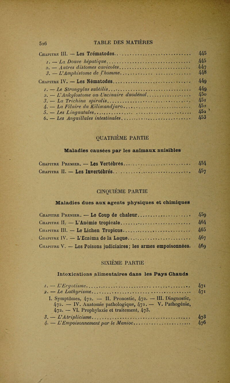 Chapitre III. — Les Trematodes... 445 /. — La Douve hepatique. .445 2. — A litres d is tomes cavicotes. 447 3. — L’Amphislome de lihomme... 448 Chapitre IV. — Les Nematodes. 449 /. — Le Strongylus subtilis... 449 .2. — LiAnkylostome omUncinaire duodenal. 45o 3. — La Trichina spiralis.. 451 4- — La Filaire du Kilirnandjaro... 452 5. — Les Linguatules..... 45a 6. — Les Anguillules intestinales. 453 QUATRIEME PARTIE Maladies caus6es par les animaux nuisibles Chapitre Premier. — Les Vertebres.. 454 Chapitre II. — Les Invertebres.. 457 CINQUIEME PARTIE Maladies dues aux agents physiques et chimiques Chapitre Premier. — Le Coup de chaleur. 459 Chapitre II. — L’Anemie tropicale.. 4^4 Chapitre III. — Le Lichen Tropicus. 455 Chapitre IV. — L’Eczema de la Laque.... 4^7 Chapitre Y. — Les Poisons judiciaires; les armes empoisonnees. 469 SIXIEME PARTIE Intoxications alimentaires dans les Pays Chauds /. — LiErgotisme.. ...... 4? 1 2. — Le Lathyrisme... 471 I. Symptomes, 472* — II. Pronostic, 472* — HI. Diagnostic, 472. — IV. Anatomie pathologique, 472* — V. Palhogenie, 472. — VI. Prophylaxie et traitement, 473. 3. — Li Atriplicisme. 473 4- — E Empoisonnement par le Manioc... 47^