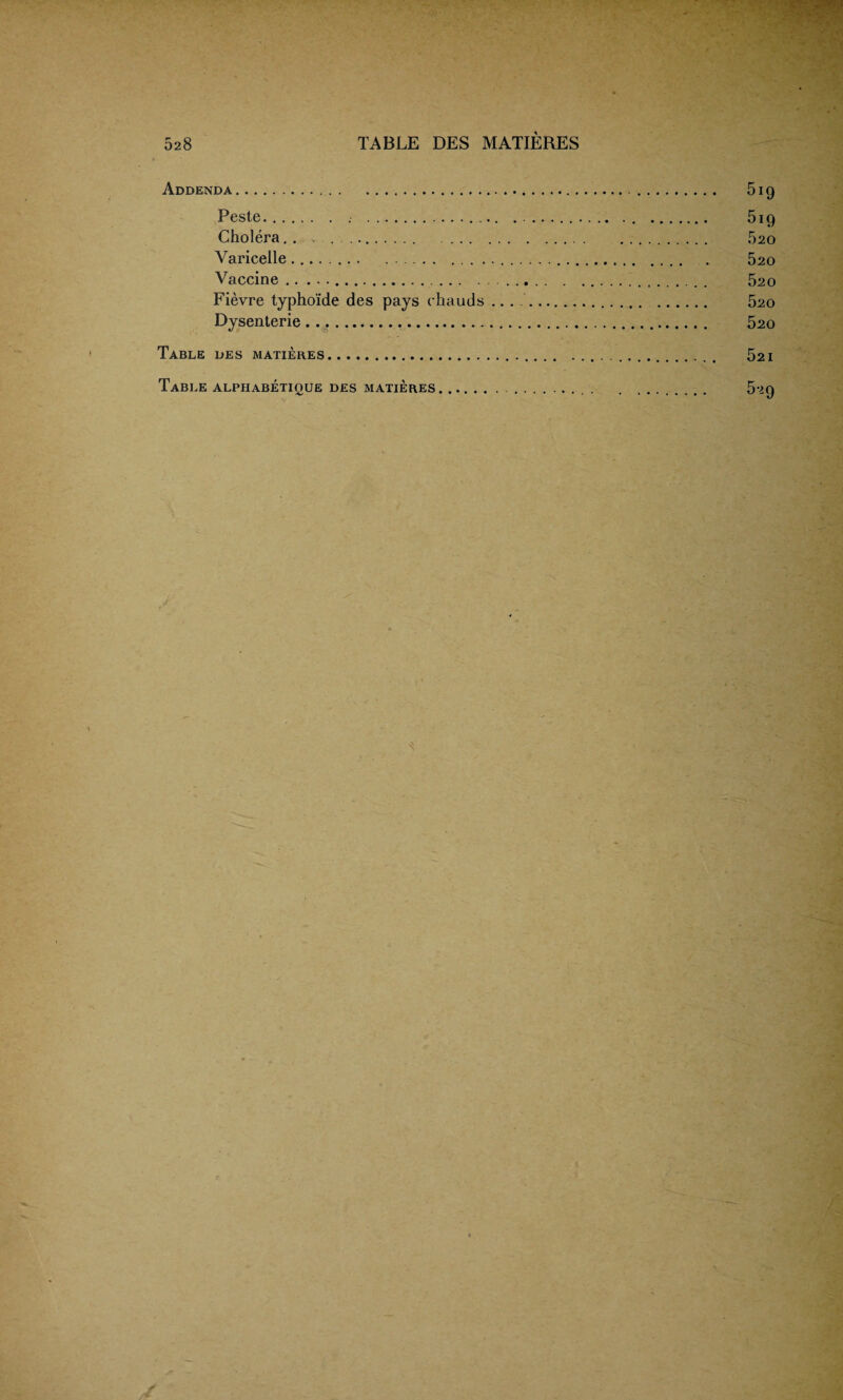 Addenda. 519 Peste. . .. . .... 519 Cholera. . .. 520 Varicelle... . 520 Vaccine.. 520 Fievre typho'ide des pays (‘bauds .. 520 Dysenterie .. 520 Table des matieres.... . 521 Table alphabetize des matieres. 529