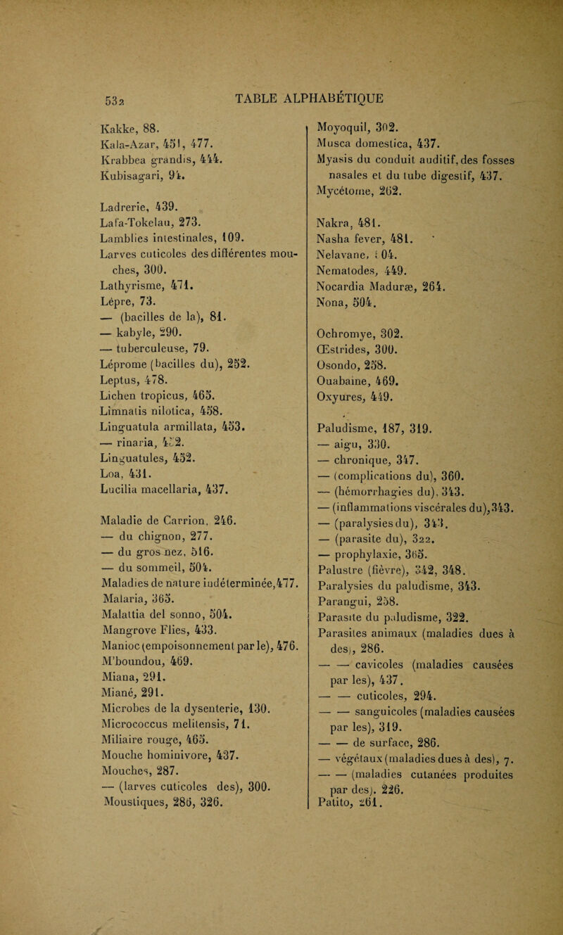 53a Kakke, 88. Kala-Azar, 451, 477. Krabbea gTandis, 444. Kubisagari, 94. Ladrerie, 439. Lafa-Tokelau, 273. Lamblies intestinales, 109. Larves cuticoles des diflerentes mou- cbes, 300. Lathyrisme, 411. Lepre, 73. — (bacilles de la), 81. — kabyle, 290. — tuberculeuse, 79. Leprome (bacilles du), 252. Leptus, 478. Lichen tropicus, 465. Limnalis nilotica, 458. Linguatula armillata, 453. — rinaria, 452. Linguatules, 452. Loa. 431. Lucilia macellaria, 437. Maladie de Carrion, 246. — du chignon, 277. — du gros nez, 516. — du sonimeil, 504. Maladies de nature iudeterminee,477. Malaria, 365. Malattia del sonno, 504. Mangrove Flies, 433. Manioc(empoisonnemenl par le), 476. M’boundou, 469. Miana, 291. Miane, 291. Microbes de la dysenterie, 130. Micrococcus melitensis, 71. Miliaire rouge, 465. Mouche hominivore, 437. Mouches, 287. — (larves cuticoles des), 300. Moustiques, 286, 326. Moyoquil, 302. Musca domeslica, 437. Myasis du conduit auditif, des fosses nasales et du tube digestif, 437. Mycetouie, 262. Nakra, 481. Nasha fever, 481. Nelavane, t 04. Nematodes, 449. Nocardia Madurae, 264. Nona, 504. Ochromye, 302. (Estrides, 300. Osondo, 258. Ouabame, 469. Oxyures, 449. Paludisme, 187, 319. — aigu, 330. — cbronique, 347. — (complications du), 360. — (hemorrhagies dn). 343. — (inflammations viscerales du),343. — (paralysiesdu), 343. — (parasite du), 322. — prophylaxie, 365. Palustre (fievre), 342, 348. Paralysies du paludisme, 343. Parangui, 258. Parasite du paludisme, 322. Parasites animaux (maladies dues a desj, 286. — — cavicoles (maladies causees par les), 437. —■ — cuticoles, 294. -sanguicoles (maladies causees par les), 319. -de surface, 286. — vegetaux (maladies dues a des), 7. — — (maladies cutanees produites par desj. 226. Patito, 261.