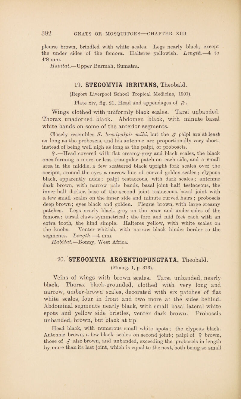 pleurae brown, brindled with white scales. Legs nearly black, except the under sides of the femora. Halteres yellowish. Length.—4 to 4*8 mra. Habitat.—Upper Burmah, Sumatra. 19. STEGOMYIA IRRITANS, Theobald. (Report Liverpool School Tropical Medicine, 1901). Plate xiv, fig. 21, Head and appendages of $. Wings clothed with uniformly black scales. Tarsi unbanded. Thorax unadorned black. Abdomen black, with minute basal white bands on some of the anterior segments. Closely resembles 8. brevipalpis mihi, but the $■ palpi are at least as long as the proboscis, and his antennae are proportionally very short, instead of being well nigh as long as the palpi, or proboscis. 5 .—Head covered with flat creamy-grey and black scales, the black ones forming a more or less triangular patch on each side, and a small area in the middle, a few scattered black upright fork scales over the occiput, around the eyes a narrow line of curved golden scales ; clypeus black, apparently nude; palpi testaceous, with dark scales ; antennae dark brown, with narrow pale bands, basal joint half testaceous, the inner half darker, base of the second joint testaceous, basal joint with a few small scales on the inner side and minute curved hairs ; proboscis deep brown; eyes black and golden. Pleurae brown, with large creamy patches. Legs nearly black, grey on the coxae and under-sides of the femora; tarsal claws symmetrical; the fore and mid feet each with an extra tooth, the hind simple. Halteres yellow, with white scales on the knobs. Venter whitish, with narrow black hinder border to the segments. Length.—4 mm. Habitat.—Bonny, West Africa. 20. STEGOMYIA ARGENTIOPUNCTATA, Theobald. (Monog. I, p. 316). Veins of wings with brown scales. Tarsi unbanded, nearly black. Thorax black-grounded, clothed with very long and narrow, umber-brown scales, decorated with six patches of flat white scales, four in front and two more at the sides behind. Abdominal segments nearly black, with small basal lateral white spots and yellow side bristles, venter dark brown. Proboscis unbanded, brown, but black at tip. Head black, with numerous small white spots; the clypeus black. Antennas brown, a few black scales on second joint; palpi of $ brown, those of cT also brown, and unbanded, exceeding the proboscis in length by more than its last joint, which is equal to the next, both being so small