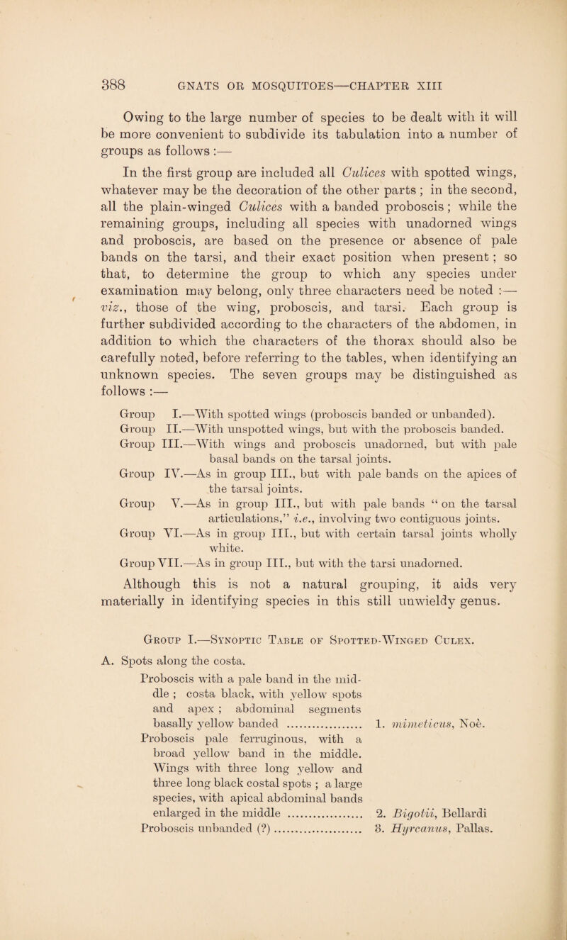 Owing to the large number of species to be dealt with it will be more convenient to subdivide its tabulation into a number of groups as follows :— In the first group are included all Culices with spotted wings, whatever may be the decoration of the other parts ; in the second, all the plain-winged Culices with a banded proboscis; while the remaining groups, including all species with unadorned wings and proboscis, are based on the presence or absence of pale bands on the tarsi, and their exact position when present ; so that, to determine the group to which any species under examination may belong, only three characters need be noted :— viz., those of the wing, proboscis, and tarsi. Each group is further subdivided according to the characters of the abdomen, in addition to which the characters of the thorax should also be carefully noted, before referring to the tables, when identifying an unknown species. The seven groups may be distinguished as follows :— Group I.—With spotted wings (proboscis banded or unhanded). Group II.—With unspotted wings, but with the proboscis banded. Group III.—With wings and proboscis unadorned, but with pale basal bands on the tarsal joints. Group IV.—As in group III., but with pale bands on the apices of the tarsal joints. Group V.—As in group III., but with pale bands “ on the tarsal articulations,” i.e., involving two contiguous joints. Group VI.—As in group III., but with certain tarsal joints wholly white. Group VII.—As in group III., but with the tarsi unadorned. Although this is not a natural grouping, it aids very materially in identifying species in this still unwieldy genus. Group I.—Synoptic Table of Spotted-Winged Culex. A. Spots along the costa. Proboscis with a pale band in the mid¬ dle ; costa black, with yellow spots and apex ; abdominal segments basally yellow banded . Proboscis pale ferruginous, with a broad yellow band in the middle. Wings with three long yellow and three long black costal spots ; a large species, with apical abdominal bands enlarged in the middle . Proboscis unbanded (?). 1. mimeticus, Noe. 2. Bigotii, Bellardi 3. Hyrcanus, Pallas.