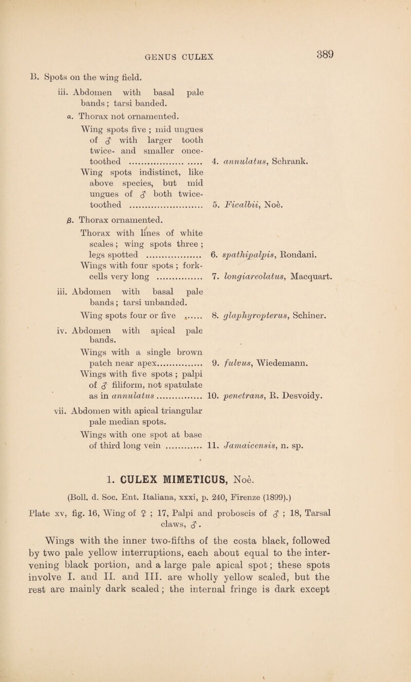 B. Spots on the wing held. iii. Abdomen with basal pale bands; tarsi banded. a. Thorax not ornamented. Wing spots hve ; mid ungues of $ with larger tooth twice- and smaller once- toothed . 4. annulatus, Schrank. Wing spots indistinct, like above species, but mid ungues of A both twice- toothed . 5. Ficalbii, Noe. /3. Thorax ornamented. Thorax with lines of white scales ; wing spots three : legs spotted . 6. sputhipalpis, Rondani. AVings with four spots ; fork- cells very long . 7. longiareolatus, Macquart. iii. Abdomen with basal pale bands; tarsi unbanded. Wing spots four or five .. 8. glaphy ropier us, Schiner. iv. Abdomen with apical pale bands. AVings with a single brown patch near apex. 9. fulvus, AViedemann. AVings with hve spots ; palpi of A filiform, not spatulate as in annulatus. 10. penetrans, R. Desvoidy. vii. Abdomen with apical triangular pale median spots. AVings with one spot at base of third long vein . 11. Jamaieensis, n. sp. 1. CULEX MIMETICUS, Noe. (Boll. d. Soc. Ent. Italiana, xxxi, p. 240, Firenze (1899).) Plate xv, hg. 16, AVing of $ ; 17, Palpi and proboscis of $ ; 18, Tarsal claws, A* Wings with the inner two-hfths of the costa black, followed by two pale yellow interruptions, each about equal to the inter¬ vening black portion, and a large pale apical spot; these spots involve I. and II. and III. are wholly yellow scaled, but the rest are mainly dark scaled; the internal fringe is dark except