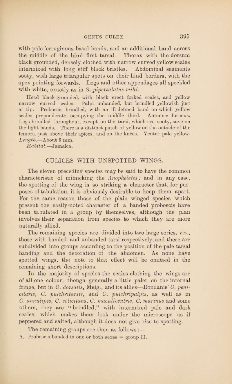 with pale ferruginous basal bands, and an additional band across the middle of the hind first tarsal. Thorax with the dorsum black grounded, densely clothed with narrow curved yellow scales intermixed with long stiff black bristles. Abdominal segments sooty, with large triangular spots on their hind borders, with the apex pointing forwards. Legs and other appendages all speckled with white, exactly as in S. pipersalatns mihi. Head black-grounded, with black erect forked scales, and yellow narrow curved scales. Palpi unbanded, but brindled yellowish just at tip. Proboscis brindled, with an ill-defined band on which yellow scales preponderate, occupying the middle third. Antennae fuscous. Legs brindled throughout, except on the tarsi, which are sooty, save on the light bands. There is a distinct patch of yellow on the outside of the femora, just above their apices, and on the knees. Venter pale yellow. Length.—About 5 mm. Habitat.—Jamaica. CULICES WITH UNSPOTTED WINGS. The eleven preceding species may be said to have the common characteristic of mimicking the Anopheletes; and in any case, the spotting of the wing is so striking a character that, for pur¬ poses of tabulation, it is obviously desirable to keep them apart. For the same reason those of the plain winged species which present the easily-noted character of a banded proboscis have been tabulated in a group by themselves, although the plan involves their separation from species to which they are more naturally allied. The remaining species are divided into two large series, viz., those with banded and unbanded tarsi respectively, and these are subdivided into groups according to the position of the pale tarsal banding and the decoration of the abdomen. As none have spotted wings, the note to that effect will be omitted in the remaining short descriptions. In the majority of species the scales clothing the wings are of all one colour, though generally a little paler on the internal fringe, but in G. dorsalis, Meig., and its allies—Eondanis’ C. peni- cilaris, C. pulchr it arsis, and C. pulchripalpis, as well as in G. annulipes, G. solicitans, G. maculiventris, G. marinus and some others, they are “ brindled,” with intermixed pale and dark scales, which makes them look under the microscope as if peppered and salted, although it does not give rise to spotting. The remaining groups are then as follows :— A. Proboscis banded in one or both sexes = group II.