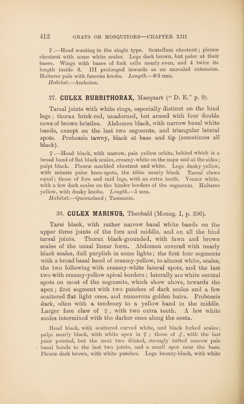 2 .—Head wanting in the single type. Scutellum chestnut; pleurae chestnut with some white scales. Legs dark brown, but paler at their bases. Wings with bases of fork cells nearly even, and 4 twice its length inside 3. Ill prolonged inwards as an unsealed extension. Halteres pale with fuscous knobs. Length.—65 mm. Habitat.—Amboina. 37. CULEX RUBRITHORAX, Macquart (“ D. E ” p. 9). Tarsal joints with white rings, especially distinct on the hind legs ; thorax brick-red, unadorned, but armed with four double rows of brown bristles. Abdomen black, with narrow basal white bands, except on the last two segments, and triangular lateral spots. Proboscis tawny, black at base and tip (sometimes all black). 2 •—Head black, with narrow, pale yellow orbits, behind which is a broad band of flat black scales, creamy-white on the nape and at the sides ; palpi black. Pleurae marbled chestnut and white. Legs dusky yellow, with minute paler knee-spots, the tibiae nearly black. Tarsal claws equal; those of fore and mid legs, with an extra tooth. Venter white, with a few dark scales on the hinder borders of the segments. Halteres yellow, with dusky knobs. Length.—5 mm. Habitat.—Queensland ; Tasmania. 38. CULEX MARIN US, Theobald (Monog. I, p. 396). Tarsi black, with rather narrow basal white bands on the upper three joints of the fore and middle, and on all the hind tarsal joints. Thorax black-grounded, with fawn and brown scales of the usual linear form. Abdomen covered with nearly black scales, dull purplish in some lights; the first four segments with a broad basal band of creamy-yellow, to almost white, scales, the two following with creamy-white lateral spots, and the last two with creamy-yellow apical borders ; laterally are white central spots on most of the segments, which show above, towards the apex ; first segment with two patches of dark scales and a few scattered flat light ones, and numerous golden hairs. Proboscis dark, often with a tendency to a yellow band in the middle. Larger fore claw of 2 , with two extra teeth. A few white scales intermixed with the darker ones along the costa. Head black, with scattered curved white, and black forked scales; palpi nearly black, with white apex in 2 ; those of A, with the last joint pointed, but the next two dilated, strongly tufted narrow pale basal bands to the last two joints, and a small spot near the base. Pleurae dark brown, with white patches. Legs bronzy-black, with white
