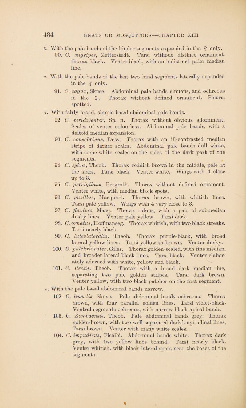 b. With the pale bands of the hinder segments expanded in the 2 only. 90. C. nigripes, Zetterstedt. Tarsi without distinct ornament. thorax black. Venter black, with an indistinct paler median line. c. With the pale bands of the last two hind segments laterally expanded in the £ only. 91. C. sagax, Skuse. Abdominal pale bands sinnons, and ochreous in the 2. Thorax without defined ornament. Pleurse spotted. d. With fairly broad, simple basal abdominal pale bands. 92. C. viridiventer, Sp. n. Thorax without obvious adornment. Scales of venter colourless. Abdominal pale bands, with a deltoid median expansion. 93. G. consobrinus, Desv, Thorax with an ill-contrasted median stripe of darker scales. Abdominal pale bands dull white, with some white scales on the sides of the dark part of the segments. 94. C. sylvee, Tlieob. Thorax reddish-brown in the middle, pale at the sides. Tarsi black. Venter white. Wings with 4 close up to 3. 95. C. pervigilans, Bergroth. Thorax without defined ornament. Venter white, with median black spots. 96. C. pusillus, Mac quart. Thorax brown, with whitish lines. Tarsi pale yellow. Wings with 4 very close to 3. 97. C. flavijoes, Macq. Thorax rufous, with a pair of submedian dusky lines. Venter pale yellow. Tarsi dark. 98. G. ornatus, Hoffmanseg. Thorax whitish, with two black streaks. Tarsi nearly black. 99. (7. luteolateralis, Theob. Thorax purple-black, with broad lateral yellow lines. Tarsi yellowish-brown. Venter dusky. 100. C. pulchriv enter, Giles. Thorax golden-scaled, with fine median, and broader lateral black lines. Tarsi black. Venter elabor¬ ately adorned with white, yellow and black. 101. C. Beesii, Theob. Thorax with a broad dark median line, separating two pale golden stripes. Tarsi dark brown. Venter yellow, with two black patches on the first segment. e. With the pale basal abdominal bands narrow. 102. C. linealis, Skuse. Pale abdominal bands ochreous. Thorax brown, with four parallel golden lines. Tarsi violet-black- Ventral segments ochreous, with narrow black apical bands. 103. C. Zombaensis, Theob. Pale abdominal bands grey. Thorax golden-brown, with two well separated dark longitudinal lines. Tarsi brown. Venter with many white scales. 104. C. imjpudicus, Ficalbi. Abdominal bands white. Thorax dark grey, with two yellow lines behind. Tarsi nearly black. Venter whitish, with black lateral spots near the bases of the segments.