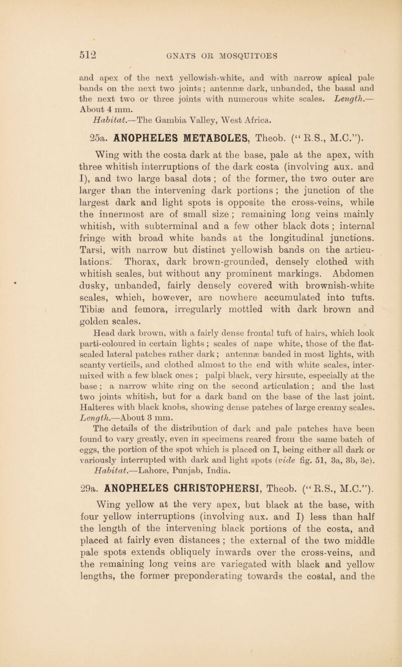 and apex of the next yellowish-white, and with narrow apical pale bands on the next two joints; antennae dark, unhanded, the basal and the next two or three joints with numerous white scales. Length.— About 4 mm. Habitat.—The Gambia Valley, West Africa. 25a. ANOPHELES METABOLES, Theob. (“ R.S., M.C.”). Wing with the costa dark at the base, pale at the apex, with three whitish interruptions of the dark costa (involving aux. and I), and two large basal dots ; of the former, the two outer are larger than the intervening dark portions ; the junction of the largest dark and light spots is opposite the cross-veins, while the innermost are of small size ; remaining long veins mainly whitish, with subterminal and a few other black dots ; internal fringe with broad white bands at the longitudinal junctions. Tarsi, with narrow but distinct yellowish bands on the articu¬ lations. Thorax, dark brown-grounded, densely clothed with whitish scales, but without any prominent markings. Abdomen dusky, unbanded, fairly densely covered with brownish-white scales, which, however, are nowhere accumulated into tufts. Tibige and femora, irregularly mottled with dark brown and golden scales. Head dark brown, with a fairly dense frontal tuft of hairs, which look parti-coloured in certain lights ; scales of nape white, those of the flat- scaled lateral patches rather dark ; antennae banded in most lights, with scanty verticils, and clothed almost to the end with white scales, inter¬ mixed with a few black ones ; palpi black, very hirsute, especially at the base ; a narrow white ring on the second articulation ; and the last two joints whitish, but for a dark band on the base of the last joint. Halteres with black knobs, showing dense patches of large creamy scales. Length.—About 8 mm. The details of the distribution of dark and pale patches have been found to vary greatly, even in specimens reared from the same batch of eggs, the portion of the spot which is placed on I, being either all dark or variously interrupted with dark and light spots (vide fig. 51, 3a, 3b, 3c). Habitat.—Lahore, Punjab, India. 29a. ANOPHELES CHRISTOPHERSI, Theob. (“R.S., M.C.”). Wing yellow at the very apex, but black at the base, with four yellow interruptions (involving aux. and I) less than half the length of the intervening black portions of the costa, and placed at fairly even distances ; the external of the two middle pale spots extends obliquely inwards over the cross-veins, and the remaining long veins are variegated with black and yellow lengths, the former preponderating towards the costal, and the