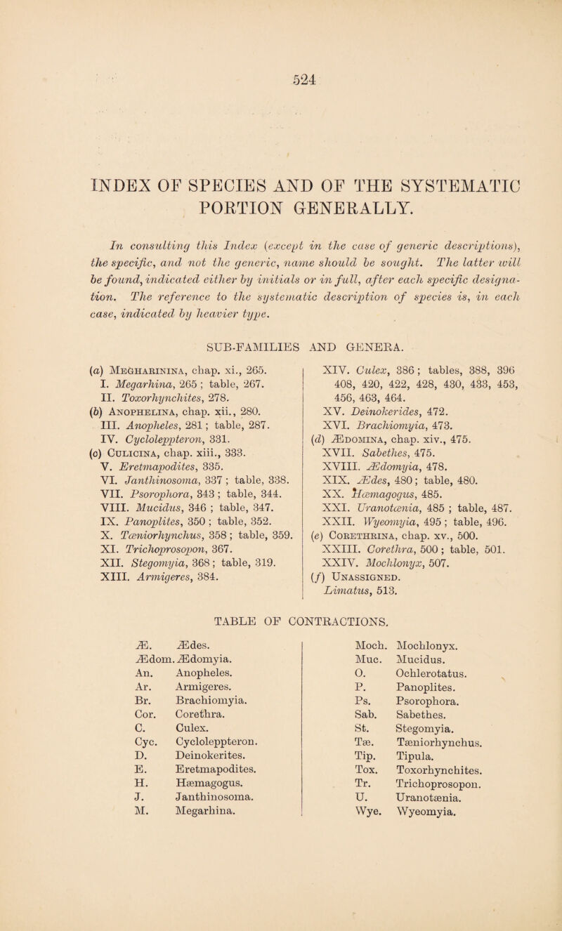 INDEX OF SPECIES AND OF THE SYSTEMATIC PORTION GENERALLY. In consulting this Index (except in the case of generic descriptions), the specific, and not the generic, name should he sought. The latter will he found, indicated either hy initials or in full, after each specific designa¬ tion. The reference to the systematic description of species is, in each case, indicated hy heavier type. SUB-FAMILIES (а) Megharinina, chap, xi., 265. I. Megarhina, 265 ; table, 267. II. Toxorhynchites, 278. (б) Anophelina, chap, xii., 280. III. Anopheles, 281; table, 287. IV. Cycloleppteron, 331. (c) Culicina, chap, xiii., 333. V. Ereimapodites, 335. VI. Janthinosoma, 337 ; table, 338. VII. Psorophora, 343 ; table, 344. VIII. Mucidus, 346 ; table, 347. IX. Panoplites, 350 ; table, 352. X. Tceniorhynchus, 358 ; table, 359. XI. Trichoprosopon, 367. XII. Stegomyia, 368; table, 319. XIII. Armigeres, 384. AND GENERA. XIV. Culex, 386 ; tables, 388, 396 408, 420, 422, 428, 430, 433, 453, 456, 463, 464. XV. Deinokerides, 472. XVI. Brachiomyia, 473. (d) iEDOMiNA, chap, xiv., 475. XVII. Sabethes, 475. XVIII. PEdomyia, 478. XIX. PEdes, 480; table, 480. XX. Idcvmagogus, 485. XXI. Uranotcenia, 485 ; table, 487. XXII. Wyeomyia, 495 ; table, 496. (e) Corethrina, chap, xv., 500. XXIII. Corethra, 500; table, 501. XXIV. Mochlonyx, 507. (/) Unassigned. Limatus, 513. TABLE OF CONTRACTIONS. M. iEdes. Mocb. Mochlonyx. iEdom. iEdomyia. Muc. Mucidus. An. Anopheles. O. Ocblerotatus. Ar. Armigeres. P. Panoplites. Br. Brachiomyia. Ps. Psorophora. Cor. Corethra. Sab. Sabethes. C. Culex. St. Stegomyia. Cyc. Cycloleppteron. Tse. Tseniorhynchus. D. Deinokerites. Tip. Tipula. E. Eretmapodites. Tox. Toxorhynchites. H. Hsemagogus. Tr. Trichoprosopon. J. Janthinosoma. U. Uranotsenia. M. Megarhina. Wye. Wyeomyia.
