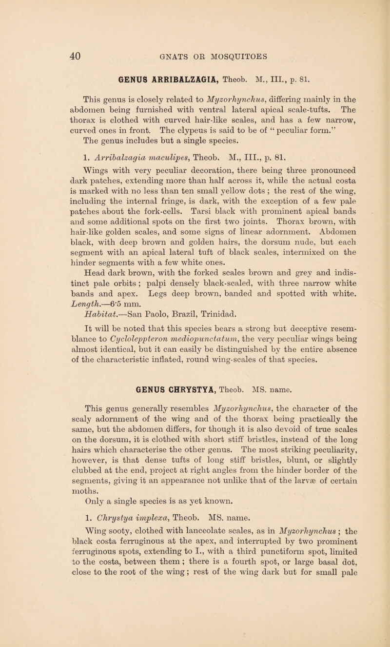 GENUS ARRIBALZAGIA, Theob. M., III., p. 81. This genus is closely related to Myzorhynchus, differing mainly in the abdomen being furnished with ventral lateral apical scale-tufts. The thorax is clothed with curved hair-like scales, and has a few narrow, curved ones in front. The clypeus is said to be of “ peculiar form.” The genus includes but a single species. 1. Arribalzagia maculipes, Theob. M., III., p. 81. Wings with very peculiar decoration, there being three pronounced dark patches, extending more than half across it, while the actual costa is marked with no less than ten small yellow dots ; the rest of the wing, including the internal fringe, is dark, with the exception of a few pale patches about the fork-cells. Tarsi black with prominent apical bands and some additional spots on the first two joints. Thorax brown, with hair-like golden scales, and some signs of linear adornment. Abdomen black, with deep brown and golden hairs, the dorsum nude, but each segment with an apical lateral tuft of black scales, intermixed on the hinder segments with a few white ones. Head dark brown, with the forked scales brown and grey and indis¬ tinct pale orbits ; palpi densely black-scaled, with three narrow white bands and apex. Legs deep brown, banded and spotted with white. Length.—6'5 mm. Habitat.—San Paolo, Brazil, Trinidad. It will be noted that this species bears a strong but deceptive resem¬ blance to Cycloleppteron mediopunctatum, the very peculiar wings being almost identical, but it can easily be distinguished by the entire absence of the characteristic inflated, round wing-scales of that species. GENUS CHRYSTYA, Theob. MS. name. This genus generally resembles Myzorhynchus, the character of the scaly adornment of the wing and of the thorax being practically the same, but the abdomen differs, for though it is also devoid of true scales on the dorsum, it is clothed with short stiff bristles, instead of the long hairs which characterise the other genus. The most striking peculiarity, however, is that dense tufts of long stiff bristles, blunt, or slightly clubbed at the end, project at right angles from the hinder border of the segments, giving it an appearance not unlike that of the larvae of certain moths. Only a single species is as yet known. 1. Chrystya implexa, Theob. MS. name. Wing sooty, clothed with lanceolate scales, as in Myzorhynchus ; the black costa ferruginous at the apex, and interrupted by two prominent ferruginous spots, extending to I., with a third punctiform spot, limited to the costa, between them ; there is a fourth spot, or large basal dot, close to the root of the wing ; rest of the wing dark but for small pale