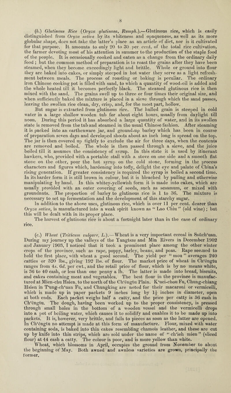 (b.) Glutinous Rice (Oryza glutinosa, Rumph.).— Glutinous rice, which is easily distinguished from Oryza sativa by its whiteness and opaqueness, as well as its more globular shape, does not take the latter’s place as an article of diet, nor is it cultivated for that purpose. It amounts to only 20 to 30 per cent, of the total rice cultivation, the farmer devoting most of his attention in summer to the production of the staple food of the people. It is occasionally cooked and eaten as a change from the ordinary daily food ; but the common method of preparation is to roast the grains after they have been steamed, when they become exceedingly light and brittle. Whole or ground into flour they are baked into cakes, or simply steeped in hot water they serve as a light refresh¬ ment between meals. The process of roasting or baking is peculiar. The ordinary iron Chinese cooking pot is filled with sand, to which a quantity of wood-oil is added and the whole heated till it becomes perfectly black. The steamed glutinous rice is then mixed with the sand. The grains swell up to three or four times their original size, and when sufficiently baked the mixture is placed in a sieve through which the sand passes, leaving the swollen rice clean, dry, crisp, and, for the most part, hollow. But sugar is extracted from glutinous rice. The' hulled grain is steeped in cold water in a large shallow wooden tub for about eight hours, usually from daylight till noon. During this period it has absorbed a large quantity of water, and in its swollen state is removed from the tub and steamed in the usual Chinese fashion. After steaming it is packed into an earthenware jar, and ground-up barley which has been in course of preparation seven days and developed shoots about an inch long is spread on the top. The jar is then covered up tightly to exclude the air for three days, when the contents are removed and boiled. The whole is then passed through a sieve, and the juice boiled till it assumes the consistency of svrup. In this state it is used by itinerant hawkers, who, provided with a portable stall with a stove on one side and a smooth flat stone on the other, pour the hot syrup on the cold stone, forming in the process characters and figures which, hardening into toffy, delight the eye and palate of China’s rising generation. If greater consistency is required the syrup is boiled a second time. In its harder form it is still brown in colour, but it is bleached by pulling and otherwise manipulating by hand. In this whitey-yellowish form it is made into cakes, which are usually provided with an outer covering of seeds, such as sesamum, or mixed with groundnuts. The proportion of barley to glutinous rice is 1 to 36. The mixture is necessary to set up fermentation and the development of this starchy sugar. In addition to the above uses, glutinous rice, which is over 11 per cent, dearer than Oryza sativa, is manufactured into a weak spirit known as “ Lao Chiu ” (old wine) ; but this will be dealt with in its proper place. The harvest of glutinous rice is about a fortnight later than in the case of ordinary rice. (c.) Wheat (Triticum vulgare, L.).—Wheat is a very important cereal in Ssuchffian. During my journey up the valleys of the Yangtsze and Min Divers in December 1902 and January 1903, I noticed that it took a prominent place among the other winter crops of the province, such as rape, poppy, barley, beans, and peas. Rape seemed to hold the first place, with wheat a good second. The yield per “ mou ” averages 240 catties or 320 lbs., giving 192 lbs. of flour. The market price of wheat in ClTdngtu ranges from 4s. Qd. per cwt., and the retail price of flour, which is by no means white, is 36 to 40 cash, or less than one penny a lb. The latter is made into bread, biscuits, and cakes containing meat and vegetables. The best flour in the province is manufac¬ tured at Mien-chu Hsien, to the north of the Ch‘engtu Plain. K‘uei-chou Fu, Chung-chiang Hsien in Tfimg-chTian Fu, and Chungking are noted for their macaroni or vermicelli, which is made up in paper packets 9 inches long by lj inches in diameter, open at both ends. Each packet weighs half a catty, and the price per catty is 56 cash in Ch‘engtu. The dough, having been worked up to the proper consistency, is pressed through small holes in the bottom of a wooden vessel and the vermicelli drops into a pot of boiling water, which causes it to solidify and enables it to be made up into packets. It is, however, very brittle, and falls to pieces as soon as the latter are opened. In Ch'dngtu no attempt is made at this form of manufacture. Flour, mixed with water containing soda, is baked into thin cakes resembling chamois leather, and these are cut up by knife into thin strips, which are sold under the name of “ ch‘ieh mien ” (sliced flour) at 44 cash a catty. The colour is poor, and is more yellow than white. Wheat, which blossoms in April, occupies the ground from November to about the beginning of May. Both awned and awnless varieties are grown, principally the former.