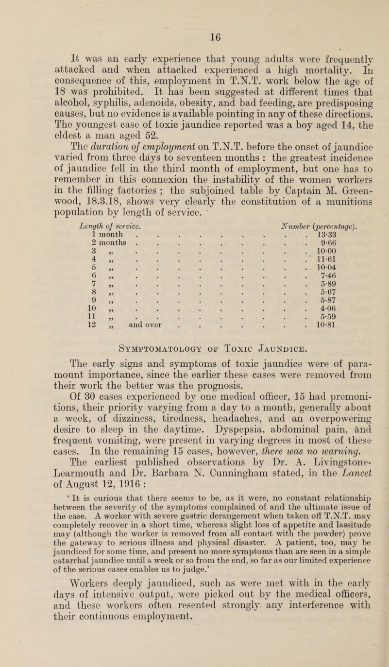 It was an early experience that young adults were frequently attacked and when attacked experienced a high mortality. In consequence of this, employment in T.N.T. work below the age of 18 was prohibited. It has been suggested at different times that alcohol, syphilis, adenoids, obesity, and bad feeding, are predisposing causes, but no evidence is available pointing in any of these directions. The youngest case of toxic jaundice reported was a boy aged 14, the eldest a man aged 52. The duration of employment on T.N.T. before the onset of jaundice varied from three days to seventeen months : the greatest incidence of jaundice fell in the third month of employment, but one has to remember in this connexion the instability of the women workers in the filling factories ; the subjoined table by Captain M. Green¬ wood, 18.8.18, shows very clearly the constitution of a munitions population by length of service. Length of service. 1 month 2 months 4 99 99 5 99 6 99 7 99 8 99 9 99 10 99 11 99 12 99 and over Number (percentage). . 13-33 9-66 . 10-00 . 11-61 . 10-04 7-46 5-89 5-67 5-87 4- 06 5- 59 10-81 Symptomatology of Toxic Jaundice. The early signs and symptoms of toxic jaundice were of para¬ mount importance, since the earlier these cases were removed from their work the better was the prognosis. Of 80 cases experienced by one medical officer, 15 had premoni¬ tions, their priority varying from a day to a month, generally about a week, of dizziness, tiredness, headaches, and an overpowering desire to sleep in the daytime. Dyspepsia, abdominal pain, &nd frequent vomiting, were present in varying degrees in most of these cases. In the remaining 15 cases, however, there urns no ivarning. The earliest published observations by Dr. A. Livingstone- Learmouth and Dr. Barbara N. Cunningham stated, in the Lancet of August 12, 1916 : ‘ It is curious that there seems to be, as it were, no constant relationship between the severity of the symptoms complained of and the ultimate issue of the case. A worker with severe gastric derangement when taken off T.N.T. may completely recover in a short time, whereas slight loss of appetite and lassitude may (although the worker is removed from all contact with the powder) prove the gateway to serious illness and physical disaster. A patient, too, may be jaundiced for some time, and present no more symptoms than are seen in a simple catarrhal jaundice until a week or so from the end, so far as our limited experience of the serious cases enables us to judge.’ Workers deeply jaundiced, such as were met with in the early days of intensive output, were picked out by the medical officers, and these workers often resented strongly any interference with their continuous employment.