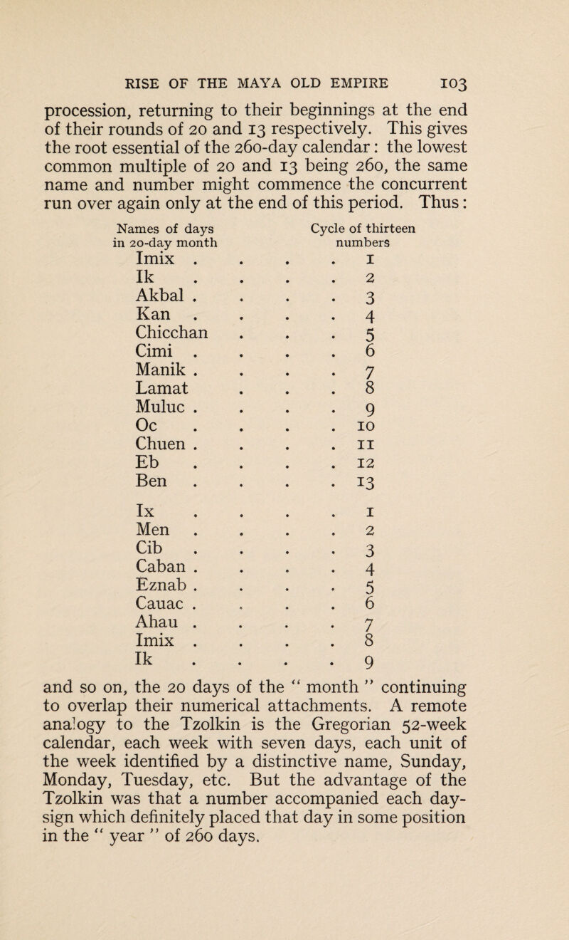 procession, returning to their beginnings at the end of their rounds of 20 and 13 respectively. This gives the root essential of the 260-day calendar: the lowest common multiple of 20 and 13 being 260, the same name and number might commence the concurrent run over again only at the end of this period. Thus: Names of days in 20-day month I mix Ik Akbal Kan Chicchan Cimi Manik Lamat Muluc Oc Chuen Eb Ben Cycle of thirteen numbers 1 2 • 3 • 4 - 5 . 6 • 7 . 8 • 9 . 10 . 11 . 12 • 13 lx Men Cib Caban Eznab Cauac Ahau Imix Ik 1 2 3 4 5 6 7 8 9 and so on, the 20 days of the “ month ” continuing to overlap their numerical attachments. A remote analogy to the Tzolkin is the Gregorian 52-week calendar, each week with seven days, each unit of the week identified by a distinctive name, Sunday, Monday, Tuesday, etc. But the advantage of the Tzolkin was that a number accompanied each day- sign which definitely placed that day in some position in the “ year ” of 260 days.