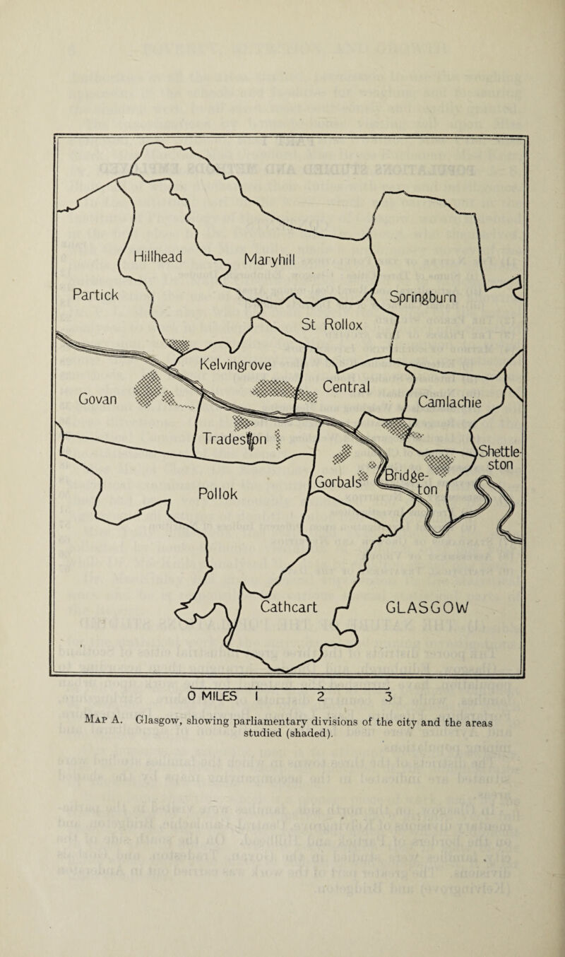 Map A. Glasgow, showing parliamentary divisions of the city and the areas studied (shaded).