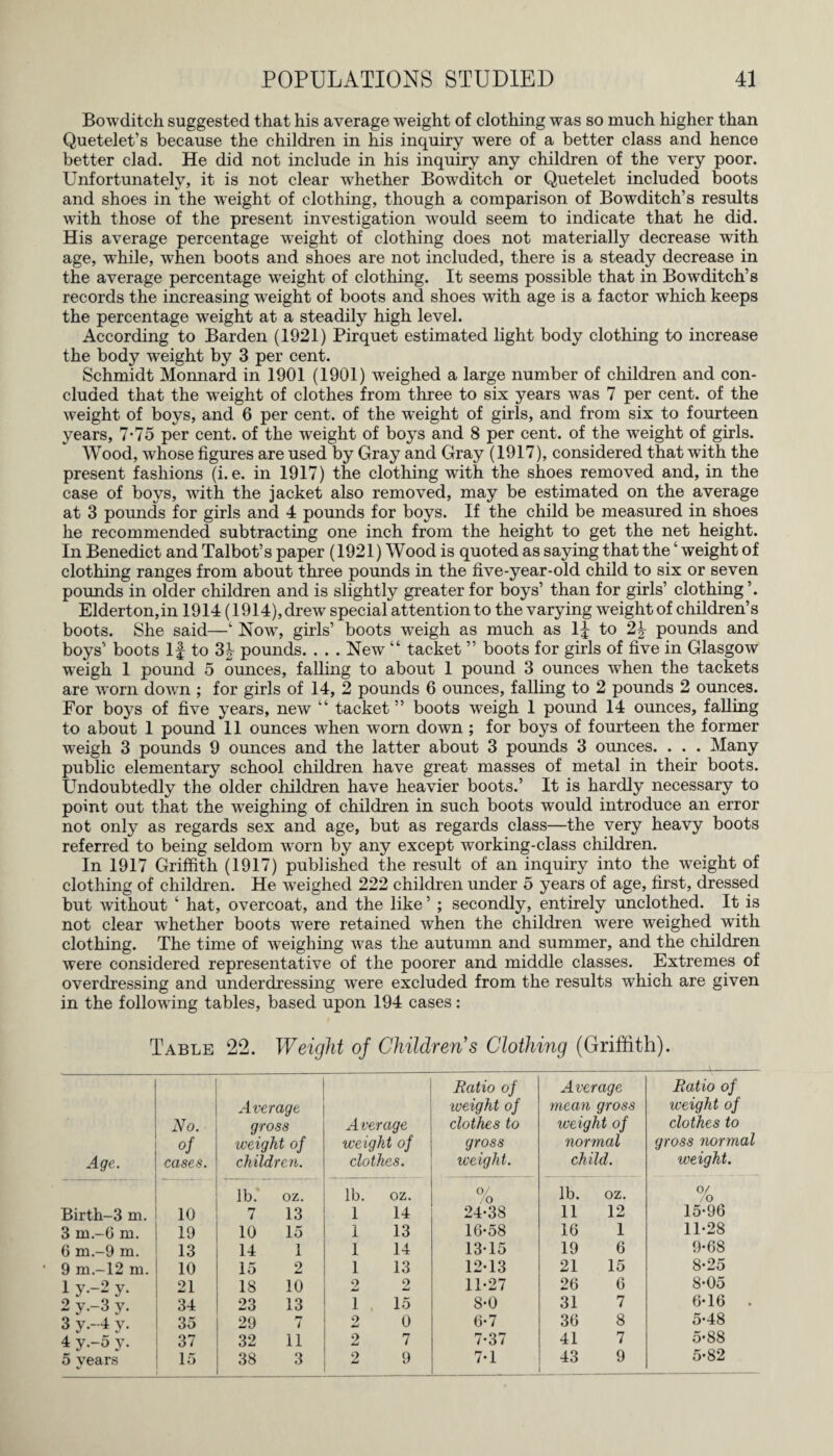 Bowditch suggested that his average weight of clothing was so much higher than Quetelet’s because the children in his inquiry were of a better class and hence better clad. He did not include in his inquiry any children of the very poor. Unfortunately, it is not clear whether Bowditch or Quetelet included boots and shoes in the -weight of clothing, though a comparison of Bowditch’s results with those of the present investigation would seem to indicate that he did. His average percentage weight of clothing does not materially decrease with age, while, when boots and shoes are not included, there is a steady decrease in the average percentage weight of clothing. It seems possible that in Bowditch’s records the increasing weight of boots and shoes with age is a factor which keeps the percentage weight at a steadily high level. According to Barden (1921) Pirquet estimated light body clothing to increase the body weight by 3 per cent. Schmidt Monnard in 1901 (1901) weighed a large number of children and con¬ cluded that the weight of clothes from three to six years was 7 per cent, of the weight of boys, and 6 per cent, of the weight of girls, and from six to fourteen years, 7-75 per cent, of the weight of boys and 8 per cent, of the wreight of girls. Wood, whose figures are used by Gray and Gray (1917), considered that with the present fashions (i. e. in 1917) the clothing with the shoes removed and, in the case of boys, with the jacket also removed, may be estimated on the average at 3 pounds for girls and 4 pounds for boys. If the child be measured in shoes he recommended subtracting one inch from the height to get the net height. In Benedict and Talbot’s paper (1921) Wood is quoted as saying that the ‘ weight of clothing ranges from about three pounds in the five-year-old child to six or seven pounds in older children and is slightly greater for boys’ than for girls’ clothing ’. Elderton,in 1914 (1914), drew special attention to the varying weight of children’s boots. She said—‘ Now, girls’ boots weigh as much as If to 2\ pounds and boys’ boots If to 3|- pounds. . . . New “ tacket ” boots for girls of five in Glasgow weigh 1 pound 5 ounces, falling to about 1 pound 3 ounces when the tackets are worn down ; for girls of 14, 2 pounds 6 ounces, falling to 2 pounds 2 ounces. For boys of five years, new “ tacket ” boots weigh 1 pound 14 ounces, falling to about 1 pound 11 ounces when worn down ; for boys of fourteen the former weigh 3 pounds 9 ounces and the latter about 3 pounds 3 ounces. . . . Many public elementary school children have great masses of metal in their boots. Undoubtedly the older children have heavier boots.’ It is hardly necessary to point out that the weighing of children in such boots would introduce an error not only as regards sex and age, but as regards class—the very heavy boots referred to being seldom worn by any except working-class children. In 1917 Griffith (1917) published the result of an inquiry into the weight of clothing of children. He weighed 222 children under 5 years of age, first, dressed but without ‘ hat, overcoat, and the like ’ ; secondly, entirely unclothed. It is not clear whether boots were retained when the children were weighed with clothing. The time of weighing was the autumn and summer, and the children were considered representative of the poorer and middle classes. Extremes of overdressing and underdressing were excluded from the results which are given in the following tables, based upon 194 cases : Table 22. Weight oj Children’s Clothing (Griffith). Ratio of Average Ratio of Average weight of mean gross weight of No. gross Average clothes to weight of clothes to of weight of weight of gross normal gross normal Age. cases. children. clothes. weight. child. weight. lb. oz. lb. oz. o/ /o lb. oz. 0/ /o Birth-3 m. 10 7 13 1 14 24-38 11 12 15-96 3 m.-G m. 19 10 15 1 13 16-58 16 1 11-28 6 m.-9 m. 13 14 1 I 14 13-15 19 6 9-68 9 m.-12 m. 10 15 2 1 13 12-13 21 15 8-25 1 y--2 y. 21 18 10 9 2 11-27 26 6 8-05 2 y.-3 y. 34 23 13 1 , 15 8-0 31 7 6-16 . 3 y.-4 y. 35 29 7 9 0 6-7 36 8 5-48 4 y-5 y. 37 32 11 2 7 7-37 41 7 5-88 43 9 5-82