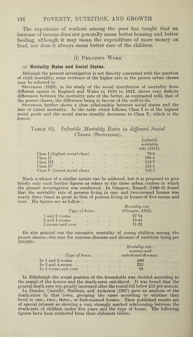 The experience of workers among the poor has taught that an increase of income does not generally mean better housing and better feeding, although it may mean the expenditure of more money on food, nor does it always mean better care of the children. (i) Previous Work {a) Mortality Rates and Social Status. Although the present investigation is not directly concerned with the question of child mortality, some evidence of the higher rate in the poorer urban classes may be referred to. Stevenson (1923), in his study of the social distribution of mortality from different causes in England and Wales in 1910 to 1912, shows very definite differences between the mortality rate of the better, as contrasted with that of the poorer classes, the difference being in favour of the well-to-do. Stevenson further shows a close relationship between social status and the rate of infant mortality. In the table which follows, Class I is of the highest social grade and the social status steadily decreases to Class V, which is the lowest. Table 6*2. Infantile Mortality Rates in different Social Classes (Stevenson). Infantile mortality rate {1911). Class I (highest social class) ..... 76-4 Class II ....... 106-4 Class III.112-7 Class IV.121-5 Class V (lowest social class) ..... 152-5 Much evidence of a similar nature can be adduced, but it is proposed to give briefly only such further figures as relate to the three urban centres in which the present investigation was conducted. In Glasgow, Russell (1888-9) found that the mortality rate of persons living in one- and two-roomed houses was nearly three times as great as that of persons living in houses of five rooms and over. His figures are as follow : Mortality rate Type of house. (Glasgow, 1885). ] and 2 rooms 3 and 4 rooms 5 rooms and over 27-74 19-45 11-23 He also pointed out the excessive mortality of young children among the poorer classes—the rate for nervous diseases and diseases of nutrition being per 100,000 : Type of house. In 1 and 2 rooms . In 3 and 4 rooms . In 5 rooms and over Mortality rate : nervous and nutritional diseases. 480 235 91 In Edinburgh the social position of the households was decided according to the rental of the houses and the death-rates calculated. It was found that the general death-rate was greatly increased after the rental fell below £15 per annum. In Dundee, Carnelly, Haldane, and Anderson (1887) gave an analysis of the death-rates in that town, grouping the cases according to whether they lived in one-, two-, three-, or four-roomed houses. Their published results are of special interest as showing a verj7 strongly marked relationship between the death-rate of children under five years and the type of house. The following figures have been extracted from their elaborate tables: