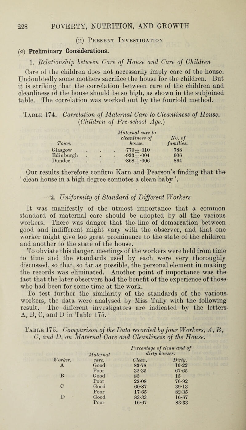 (ii) Present Investigation (a) Preliminary Considerations. 1. Relationship between Care of House and Care of Children Care of the children does not necessarily imply care of the house. Undoubtedly some mothers sacrifice the house for the children. But it is striking that the correlation between care of the children and cleanliness of the house should be so high, as shown in the subjoined table. The correlation was worked out by the fourfold method. Table 174. Correlation of Maternal Care to Cleanliness of House. (Children of Pre-school Age.) Maternal care to cleanliness of No. of Town. house. families. Glasgow . . . '770±-010 788 Edinburgh . . . -933^-004 606 Dundee .... -868±-006 864 Our results therefore confirm Karn and Pearson’s finding that the- ‘ clean house in a high degree connotes a clean baby ’. 2. Uniformity of Standard of Different Workers It was manifestly of the utmost importance that a common standard of maternal care should be adopted by all the various workers. There was danger that the line of demarcation between good and indifferent might vary with the observer, and that one worker might give too great prominence to the state of the children and another to the state of the house. To obviate this danger, meetings of the workers were held from time- to time and the standards used by each were very thoroughly discussed, so that, so far as possible, the personal element in making the records was eliminated. Another point of importance was the fact that the later observers had the benefit of the experience of those who had been for some time at the work. To test further the similarity of the standards of the various workers, the data were analysed by Miss Tully with the following result. The different investigators are indicated by the letters A, B, C, and D in Table 175. Table 175. Comparison of the Data recorded by four Workers, A, B, C, and D, on Maternal Care and Cleanliness of the House. Percentage of clean and of Maternal dirty houses. Worker. care. Clean. Dirty. A Good 83-78 16-22 Poor 32-35 67-65 B Good 85 15 Poor 23-08 76-92 C Good 60-87 39-13 Poor 17-65 82-35 D Good 83-33 16-67 Poor 16-67 83-33