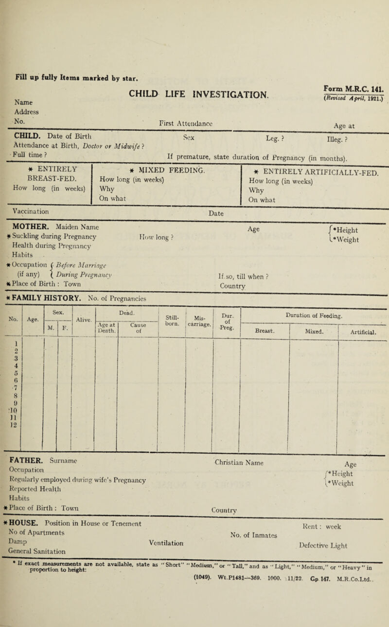 Fill up fully Items marked by star. CHILD LIFE INVESTIGATION. Name Address Form M.R.C. 141. (Revised April, 1921.) No. First Attendance Age at CHILD. Date of Birth Sex Leg. ? Illeg. ? Attendance at Birth, Doctor or Midwife ? Full time? If premature, state duration of Pregnancy (in months). ♦ ENTIRELY BREAST-FED. How long (in weeks) ♦ MIXED FEEDING. How long (in weeks) Why On what * ENTIRELY ARTIFICIALLY-FED. How long (in weeks) Why On what Vaccination Date MOTHER. Maiden Name ♦ Suckling during Pregnancy Health during Pregnancy Habits ♦ Occupation ( Before Marriage (if any) ( During Pregnancy ♦ Place of Birth : Town How long ? Age / *Height l* Weight If.so, till when ? Country * FAMILY HISTORY. No. of Pregnancies No. 1 9 3 4 5 (i •7 8 9 TO n 12 Age. Sex. M. F. Alive. Dead. Age at Death. Cause of Still- Mis- born. | carriage, j Dur. of Preg. Duration of Feeding. Breast. Mixed. Artificial. FATHER. Surname Occupation Regularly employed during wife’s Pregnancy Reported Health Habits ♦ Place of Birth : Town Christian Name Age J* Height ^Weight Country * HOUSE. Position in House or Tenement No of Apartments ^arnP Ventilation General Sanitation No. of Inmates Rent: week Defective Light * U TropTrti^toTdght^6 DOt aVailab,e‘ State “ Sh0rt” Medium,” or “Tall,” and as -Light,” Medium,” or Heavy” in (1049). Wt.P1481-^309. 1000. i 11/22. Gp 147. M.R.Co.Ltd.
