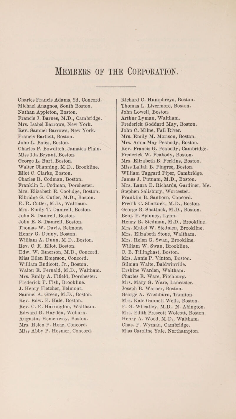 Charles Francis Adams, 2d, Concord. Michael Anagnos, South Boston. Nathan Appleton, Boston. Francis J. Barnes, M.D., Cambridge. Mrs. Isabel Barrows, New York. Rev. Samuel Barrows, New York. Francis Bartlett, Boston. John L. Bates, Boston. Charles P. Bowditch, Jamaica Plain. Miss Ida Bryant, Boston. George L. Burt, Boston. Walter Channing, M.D., Brookline. Eliot C. Clarke, Boston. Charles R. Codman, Boston. Franklin L. Codman, Dorchester. Mrs. Elizabeth E. Coolidge, Boston. Elbridge G. Cutler, M.D., Boston. E. R. Cutler, M.D., Waltham. Mrs. Emily T. Damrell, Boston. John S. Damrell, Boston. John E. S. Damrell, Boston. Thomas W. Davis, Belmont. Henry G. Denny, Boston. William A. Dunn, M.D., Boston. Rev. C. R. Eliot, Boston. Edw. W. Emerson, M.D., Concord. Miss Ellen Emerson, Concord. William Endicott, Jr., Boston. Walter E. Fernald, M.D., Waltham. Mrs. Emily A. Fifield, Dorchester. Frederick P. Fish, Brookline. J. Henry Fletcher, Belmont. Samuel A. Green, M.D., Boston. Rev. Edw. E. Hale, Boston. Rev. C. E. Harrington, Waltham. Edward D. Hayden, Woburn. Augustus Hemenway, Boston. Mrs. Helen P. Hoar, Concord. Miss Abby P. Hosmer, Concord. Richard C. Humphreys, Boston. Thomas L. Livermore, Boston. John Lowell, Boston. Arthur Lyman, Waltham. Frederick Goddard May, Boston. John C. Milne, Fall River. Mrs. Emily M. Morison, Boston. Mrs. Anna May Peabody, Boston. Rev. Francis G. Peabody, Cambridge. Frederick W. Peabody, Boston. Mrs. Elizabeth B. Perkins, Boston. Miss Laliah B. Pingree, Boston. William Taggard Piper, Cambridge. James J. Putnam, M.D., Boston. Mrs. Laura E. Richards, Gardiner, Me. Stephen Salisbury, Worcester. Franklin B. Sanborn, Concord. Fred’k C. Shattuck, M.D., Boston. George B. Shattuck, M.D., Boston. Benj. F. Spinney, Lynn. Henry R. Stedman, M.D., Brookline. Mrs. Mabel W. Stedmen, Brookline. Mrs. Elizabeth Stone, Waltham. Mrs. Helen G. Swan, Brookline. William W. Swan, Brookline. C. B. Tillinghast, Boston. Mrs. Annie P. Vinton, Boston. Gilman Waite, Baldwinville. Erskine Warden, Waltham. Charles E. Ware, Fitchburg. Mrs. Mary G. Ware, Lancaster. Joseph B. Warner, Boston. George A. Washburn, Taunton. Mrs. Kate Gannett Wells, Boston. F. G. Wheatley, M.D., N. Abington. Mrs. Edith Prescott Wolcott, Boston. Henry A. Wood, M.D., Waltham. Chas. F. Wyman, Cambridge. Miss Caroline Yale, Northampton.