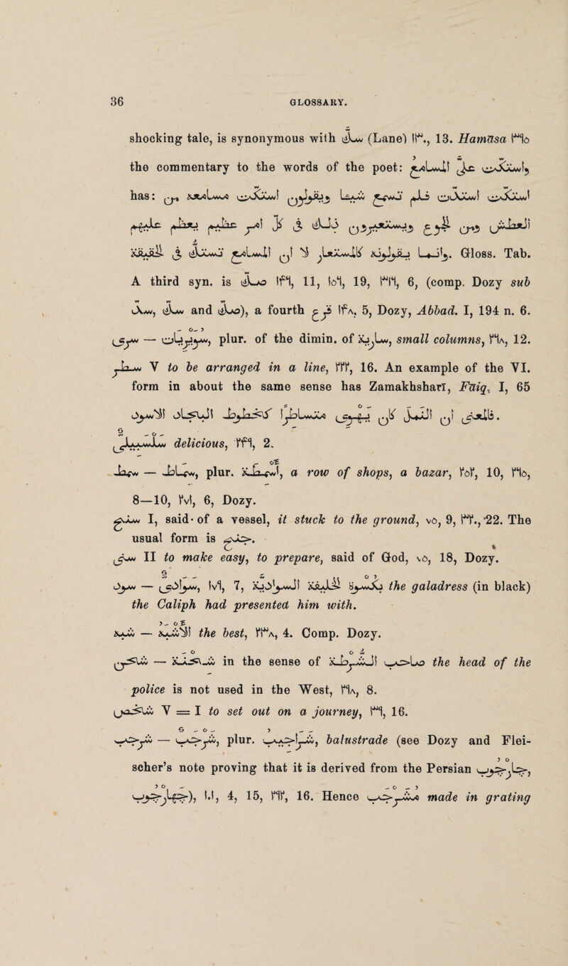 w shocking tale, is synonymous with (Lane) IH., 13. Hamusa Ho ) w w the commentary to the words of the poet: jvolwii oiJOwi*) W vV w has: L^aXv f4^5 o<AXavI ^ ^ XiLaii ,3 ^ jlx.Z*J,\4 xi^iLj UJi3. Gloss. Tab. A third syn. is i^Lao lf*l, 11, l<H, 19, HI, 6, (comp. Dozy sub W W w Wm>, and liLo), a fourth Ifw, 5, Dozy, Abbad. I, 194 n. 6. —• o»» / — cAjyy*, plur. of the dimin. of Xj^Lw, sma^i columns, Ha, 12. jJa-w Y to 5e arranged in a line, HI4, 16. An example of the VI. form in about the same sense has Zamakhshari, Fttiq, I, 65 § - o ., ^JLu-wJlw delicious, TH, 2. ^ - OP Jafw — JjLtw, plur. X-k-fJ, o row of shops, o bazar, t\H, 10, Ho, 8—10, fvt, 6, Dozy. gj-w I, said-of a vessel, it stuck to the ground, vo, 9, H4., *22. The usual form is g^L>. II to make easy, to prepare, said of God, \o, 18, Dozy. • '» O ^ w O 5 M, 7, aAJAI Me galadress (in black) the Caliph had presented him with. 5 — o £ x*»w — Axxc'ii the best, fH\, 4. Comp. Dozy. —• o o dj in the sense of Ji the head of the police is not used in the West, Ha, 8. Y = I to set out on a journey, H, 16. O — o — y wo>yi — Plur- balustrade (see Dozy and Fiei-  y o scher’s note proving that it is derived from the Persian >f - -° r 5 4, 15, HI4, 16. Hence mncto in grating