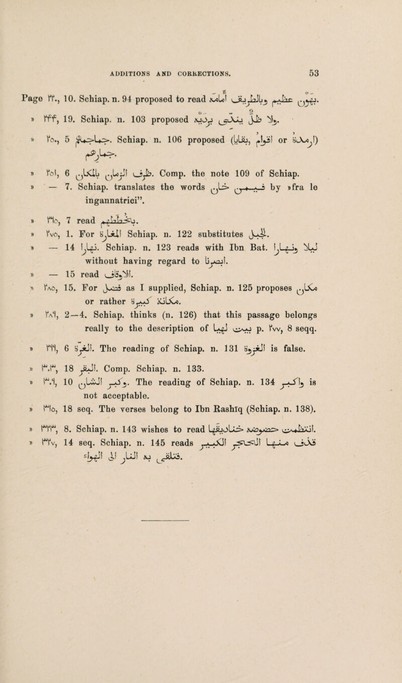 Page IV*, 10. Schiap. n. 94 proposed to read ySzc. ^gj. C, w § » l*ff, 19. Schiap. n. 103 proposed \j>jy Jj? y y » 5 ^U>U>. Schiap. n. 106 proposed (bUb, plyj! or »A^f) » Pot, 6 qUCLL qLoJI Comp, the note 109 of Schiap. » — 7. Schiap. translates the words *-i by »fra le ingannatrici”. - 3 » Ho, 7 read » Vvo, 1. For Hjlxlt Schiap. n. 122 substitutes Juii. » — 14 Schiap. n. 123 reads with Ibn Bat. LLgJ*, XJ without having regard to Ijyajt. » — 15 read » Pao, 15. For as I supplied, Schiap. n. 125 proposes ^IXo or rather ZyS KjUCo. » M, 2—4. Schiap. thinks (n. 126) that this passage belongs really to the description of U^J p. Pw, 8 seqq. » P11, 6 Hyti). The reading of Schiap. n. 131 BjjxJl is false. » 18 yulk Comp. Schiap. n. 133. » HI, 10 ^UcJt y~> y The reading of Schiap. n. 134 y-S'lj is not acceptable. » Ho, 18 seq. The verses belong to Ibn B-ashlq (Schiap. n. 138). » PVi^, 8. Schiap. n. 143 wishes to read L^jJ>Lc> » H*v, 14 seq. Schiap. n. 145 reads Lq-JL** ‘W AI jUJt U LCib3.