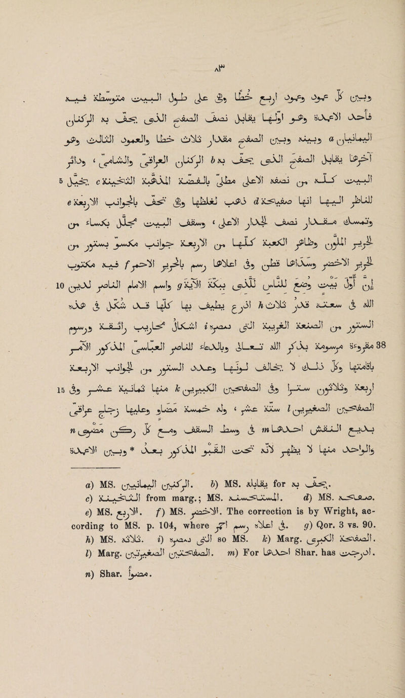 w 2 ? Y/ aIxv^Cx) Jyk ^ \hs> £~ij '-^-«c3 ’-b^: »-r (jVf5> VM ^ W ^ gsftxoil \_Ju2i JolftJ L^J*ji j^5 BA^i (A^>li _^5 u^JUil LL> cl^La ^Ako yAoJI cftrf5 *-A?3 a o^ yL>5 < l^oLccJU, qU^I & ^O 'W5L^T. (^5^1 d*Mt ^y>$ 5 C X^Ali X.^-gJL £8*3.j X_L_r e XjOj'M <^J>S d ’iL^Juo Lgil L^-<J! ^?L0i ^AAvi^ * ^.C^S ^i(A~>- v^,A>&2J ^fiA—ftwO CP jT^ v°!yr *-A;^ CP j^'^3 Q*r^ J^T*- v_jyAo &-o /*yy^b ij-5 CT^22* ^^**3 y££>^ y-T^ -— i«^-' w - # w-- w -— 3 & — —;w-^ ** . 10 ^jAJ ysUJf j.Lo'i! (*-^[5 9 &Cu ^cAJ £*s$ 0-0 ii*>> c)l sAP 3 JjA AJ& L^l^ L^i Juki ^y5S /& c^^S' j'-X5 <sJoow 3 K-JLj^ JlA&f iyajO ^df Xyyil ^ yUvJS _A4f .yfAil ^wLotii yoUJJ ^(clXJLi_5 iL*_j &U1 SjKi ‘iLAy*yt> B^yU 38 woj^il (J^ ^yUJi 0A-C5 Lyi^J vjdL^T. ^ (A—^3 J^_5 LyOobL 15 (3^5 y *^A v~ Ly»*o Jc f 3>5 |j“- M _. __ w ^ L^jJLcj ^jLajQ/O aJj < j>isc n '^j*j ^ ^w'°3 3, w LS>c^>5 (jiJLLJi ^jiA-j BA/“-s^ (Ar-^3 * A-JtJ ^y^AlS \i*ii j-frky ^ * l^:>V^> a) MS. CJ>^-^ cJV^y^ ^) MS* for *j c) XA-^j^uJi from marg.; MS. ^cJUw^LXm«II . fl5) MS. K^Jk^s. e) MS. ■ f) MS. The correction is by Wright, ac¬ cording to MS. p. 104, where s'lcl 3. g) Qor. 3 ys. 90. h) MS. ^13. i) syaAj so MS. Jc) Marg. ^cyKJi &s^oil. I) Marg. (jOyJtAoi^ m) For LPA^>i Shar. has ^ ^ol. SC n) Shar. lyca*.