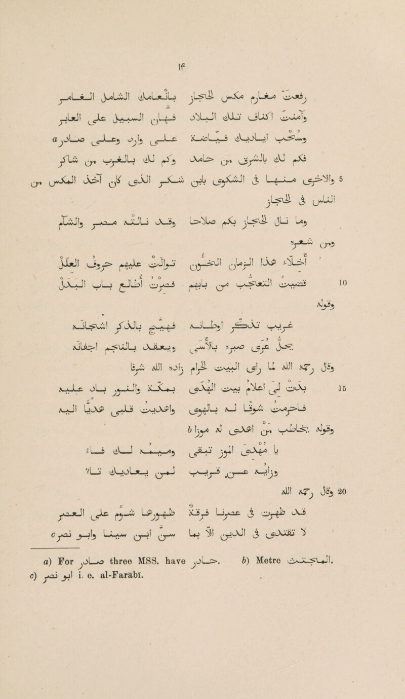 If OjCLuo 'Jjb ejr-^ cr* A * (j__P (j^X^jl Ax>S ., \ AV «— Cl rUjl3 ^ ,at-<-q \JC_Jui A—i« 0-5 0 - JJlxJi ^_5j> ^oU-j’ Ja—<J) ^.Lj £-JLL?i o svH ^Li-zO :!« O > -O a—)Lj^\»v« I <v Ai'A>! ^UiLi A-S-x-j* r7 • li^vi aUI w a-zJLc. J>l_i a-JC*«j a-O) UuXP ^>«Ls C> . -. J \_4«x_»*j <LJ rcl_j’ iik-JoL*--j il ^ ^— u Cy^u _^-jl5 (•}-* ^£4^ w CHS cr^ <iUJ oU51 **z x Al + *■ (ciLjoLjj Az$L> j*Xs ^jL (j=yCcUji j, l—g—*—■° c5r^!$ ° j, cA^( L>bU> j*£j jw>\il jLj Lc*> cr»3 ^.pAO' qUjJI Lxp ALAI it 1 4*3 M t A_SL-bjl ^i==>Aj‘ - £ - 5 -v Lf^j 3j^ l5jc u^. l»lji>- o^aaJ} (^5^ LL a!)I ^ ^ ? - o - l5lXt^ f^M LA oJ^ 15 rs 1 ^c^JLj a_J O - & Ijv5 ^ ^cAA) CP 1<-A-?Lj5%. aJ^Sj o y if! l* 5 sr^j“2> .cr”^ Alii AT; 20 ° iCiji Liyox. ,3 Oj-iff AJs Uj 5l qjAJ! 3 (^AXftj ^ a) For .oLao three MSS. have ^j>Lj>. £>) Metre c) yaj jjl i, e. al-Farabi.