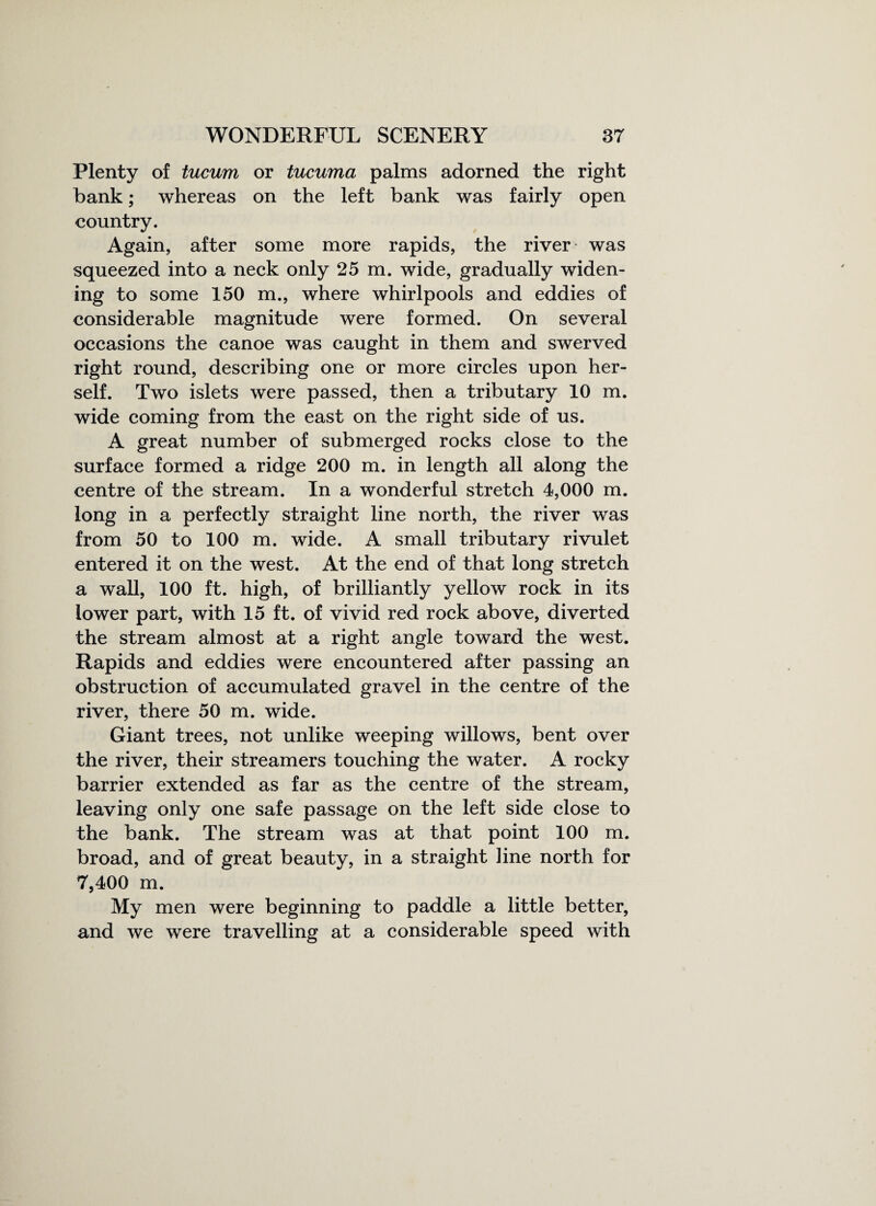 Plenty of tucum or tucuma palms adorned the right hank; whereas on the left bank was fairly open country. Again, after some more rapids, the river was squeezed into a neck only 25 m. wide, gradually widen¬ ing to some 150 m., where whirlpools and eddies of considerable magnitude were formed. On several occasions the canoe was caught in them and swerved right round, describing one or more circles upon her¬ self. Two islets were passed, then a tributary 10 m. wide coming from the east on the right side of us. A great number of submerged rocks close to the surface formed a ridge 200 m. in length all along the centre of the stream. In a wonderful stretch 4,000 m. long in a perfectly straight line north, the river was from 50 to 100 m. wide. A small tributary rivulet entered it on the west. At the end of that long stretch a wall, 100 ft. high, of brilliantly yellow rock in its lower part, with 15 ft. of vivid red rock above, diverted the stream almost at a right angle toward the west. Rapids and eddies were encountered after passing an obstruction of accumulated gravel in the centre of the river, there 50 m. wide. Giant trees, not unlike weeping willows, bent over the river, their streamers touching the water. A rocky barrier extended as far as the centre of the stream, leaving only one safe passage on the left side close to the bank. The stream was at that point 100 m. broad, and of great beauty, in a straight line north for 7,400 m. My men were beginning to paddle a little better, and we were travelling at a considerable speed with