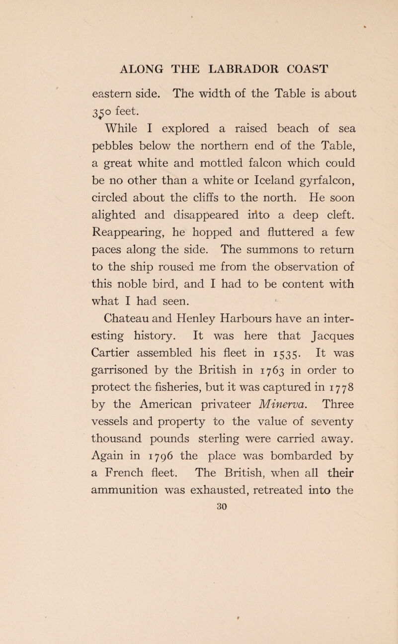 eastern side. The width of the Table is about 3^o feet. While I explored a raised beach of sea pebbles below the northern end of the Table, a great white and mottled falcon which could be no other than a white or Iceland gyrfalcon, circled about the cliffs to the north. He soon alighted and disappeared iff to a deep cleft. Reappearing, he hopped and fluttered a few paces along the side. The summons to return to the ship roused me from the observation of this noble bird, and I had to be content with what I had seen. Chateau and Henley Harbours have an inter¬ esting history. It was here that Jacques Cartier assembled his fleet in 1535. It was garrisoned by the British in 1763 in order to protect the fisheries, but it was captured in 1778 by the American privateer Minerva. Three vessels and property to the value of seventy thousand pounds sterling were carried away. Again in 1796 the place was bombarded by a French fleet. The British, when all their ammunition was exhausted, retreated into the