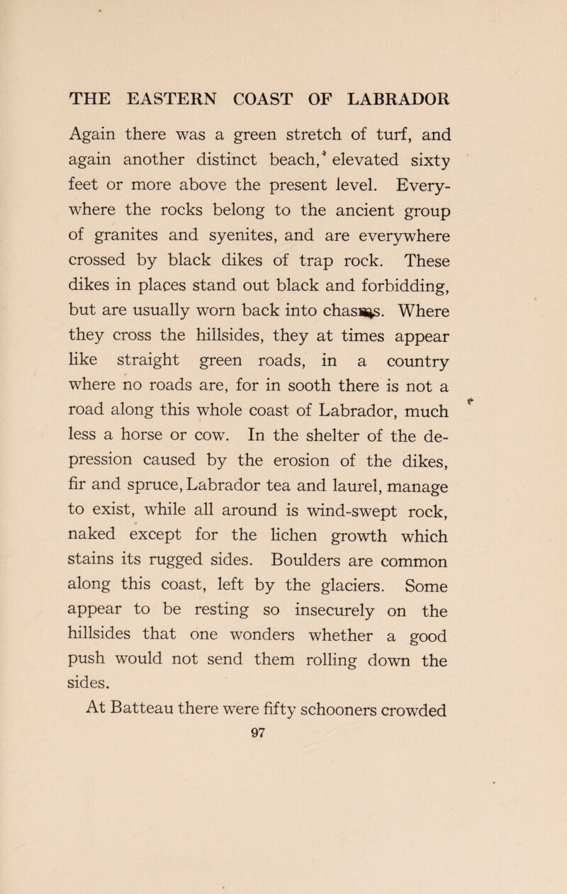Again there was a green stretch of turf, and again another distinct beach/' elevated sixty feet or more above the present level. Every¬ where the rocks belong to the ancient group of granites and syenites, and are everywhere crossed by black dikes of trap rock. These dikes in places stand out black and forbidding, but are usually worn back into chasis^. Where they cross the hillsides, they at times appear like straight green roads, in a country where no roads are, for in sooth there is not a road along this whole coast of Labrador, much less a horse or cow. In the shelter of the de¬ pression caused by the erosion of the dikes, fir and spruce, Labrador tea and laurel, manage to exist, while all around is wind-swept rock, naked except for the lichen growth which stains its rugged sides. Boulders are common along this coast, left by the glaciers. Some appear to be resting so insecurely on the hillsides that one wonders whether a good push would not send them rolling down the sides. At Batteau there were fifty schooners crowded