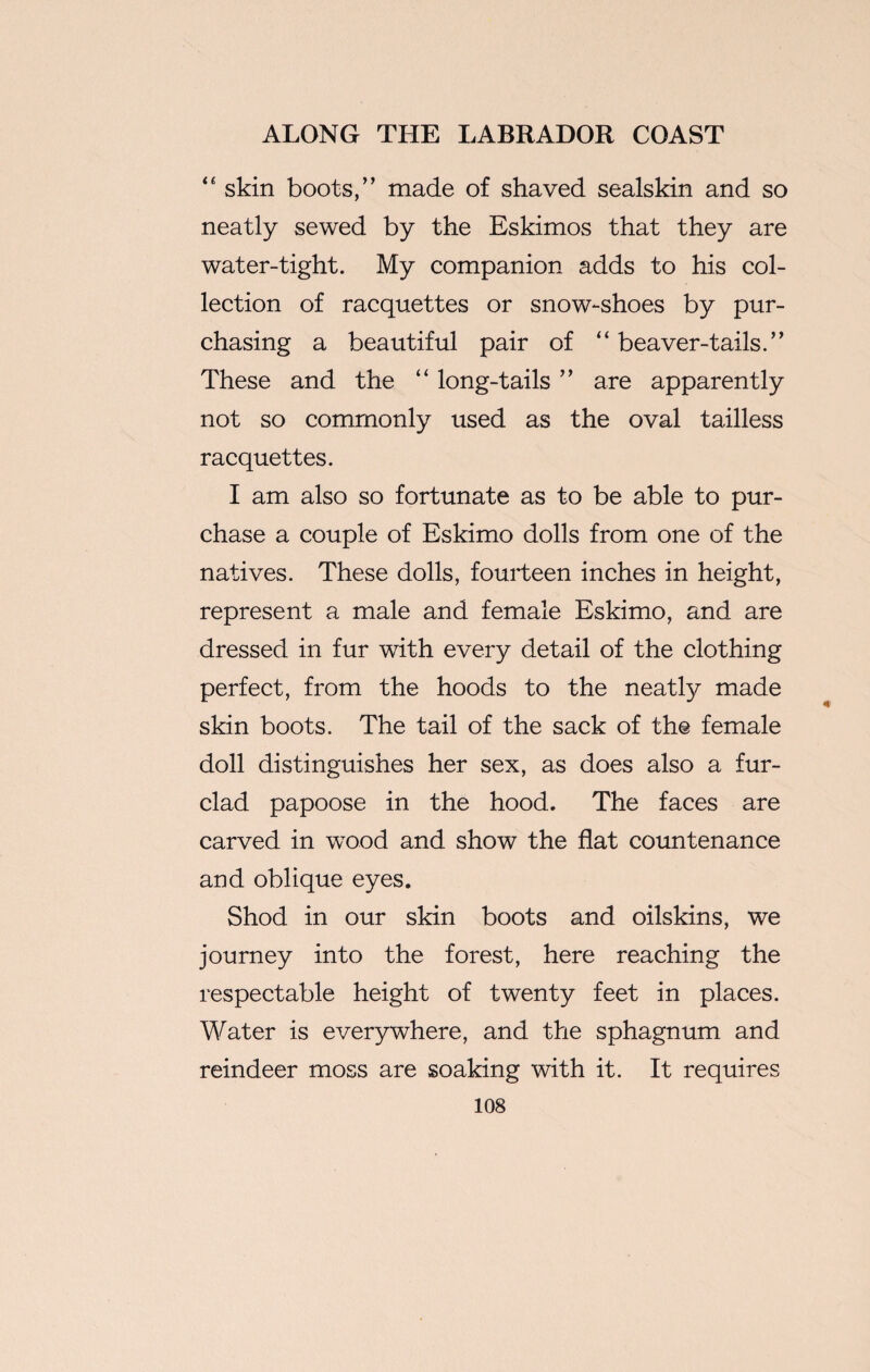 “ skin boots,” made of shaved sealskin and so neatly sewed by the Eskimos that they are water-tight. My companion adds to his col¬ lection of racquettes or snow-shoes by pur¬ chasing a beautiful pair of “ beaver-tails.” These and the “ long-tails ” are apparently not so commonly used as the oval tailless racquettes. I am also so fortunate as to be able to pur¬ chase a couple of Eskimo dolls from one of the natives. These dolls, fourteen inches in height, represent a male and female Eskimo, and are dressed in fur with every detail of the clothing perfect, from the hoods to the neatly made skin boots. The tail of the sack of the female doll distinguishes her sex, as does also a fur- clad papoose in the hood. The faces are carved in wood and show the flat countenance and oblique eyes. Shod in our skin boots and oilskins, we journey into the forest, here reaching the respectable height of twenty feet in places. Water is everywhere, and the sphagnum and reindeer moss are soaking with it. It requires