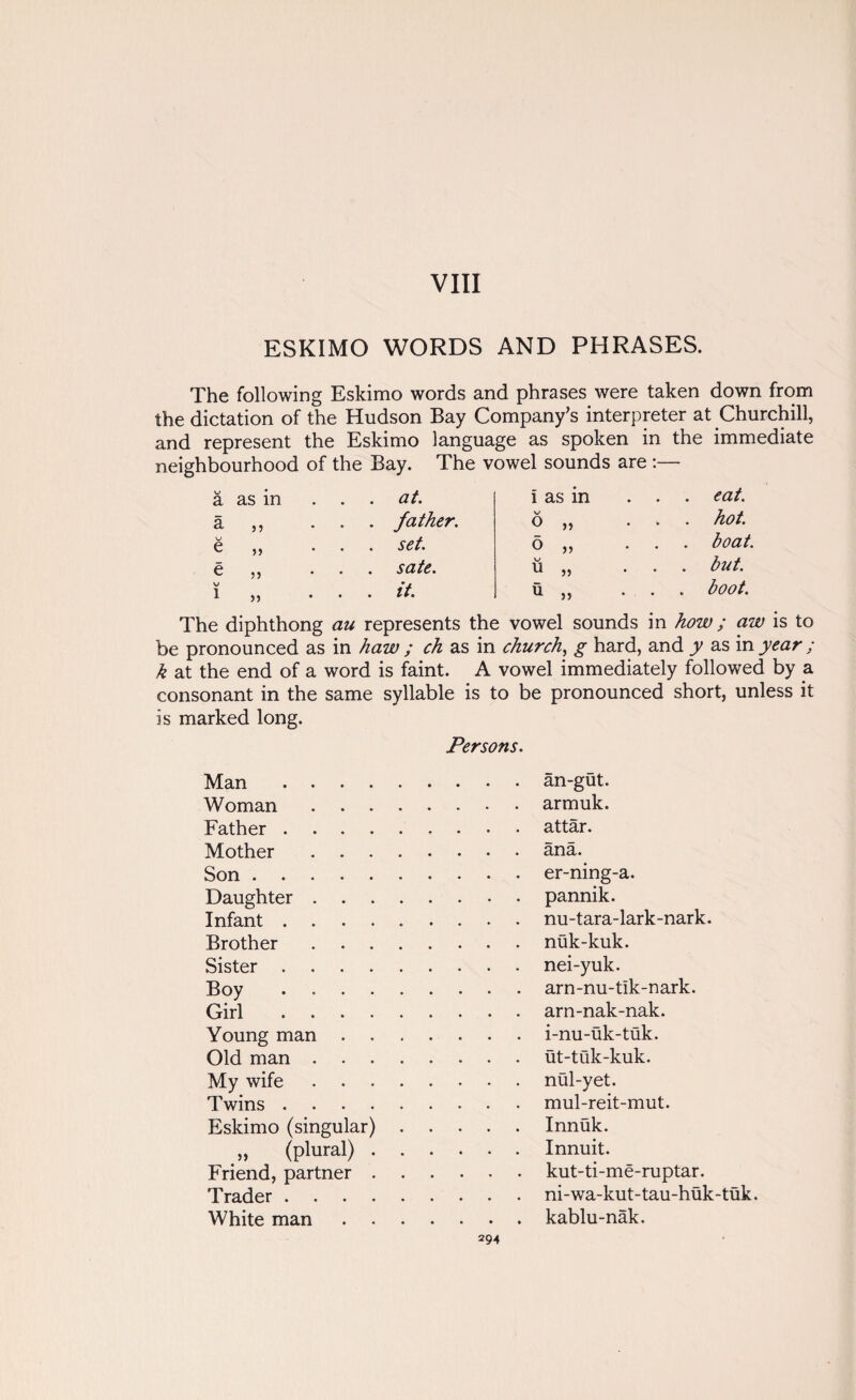 VIII ESKIMO WORDS AND PHRASES. The following Eskimo words and phrases were taken down from the dictation of the Hudson Bay Company’s interpreter at Churchill, and represent the Eskimo language as spoken in the immediate neighbourhood of the Bay. The vowel sounds are :— V a as in at. i as in . . . eat. a j) . father. V O » . hot. \j e . . . set. b „ . boat. e j j . sate. V U „ . but. V 1 >> . . . it. . boot. The diphthong au represents the vowel sounds in how; aw is to be pronounced as in haw ; ch as in church,, g hard, and y as in year ; k at the end of a word is faint. A vowel immediately followed by a consonant in the same syllable is to be pronounced short, unless it is marked long. Persons. Man. Woman .... Father. Mother .... Son ...... Daughter .... Infant ..... Brother .... Sister . Boy. Girl. Young man . . Old man .... My wife .... nul-yet. Twins. mul-reit-mut. Eskimo (singular) . Innuk. ,, (plural) . . . Innuit. Friend, partner . . . kut-ti-me-ruptar. Trader. White man