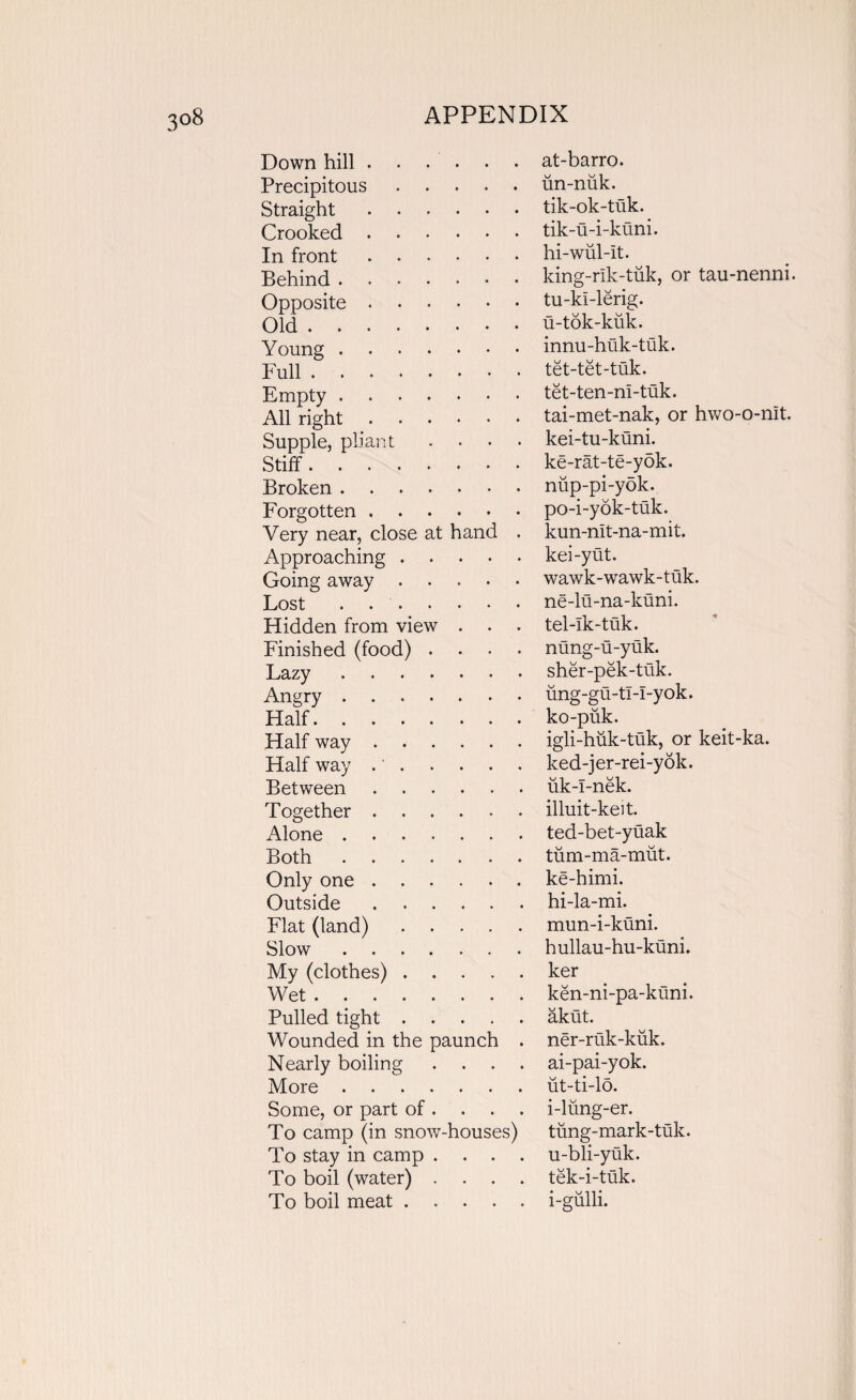 3°8 Down hill. Precipitous. Straight. Crooked . In front. Behind. Opposite. Old. Young . Full. Empty. All right. Supple, pliant . • Stiff. Broken . Forgotten. Very near, close at hand . Approaching . Going away. Lost. Hidden from view . . Finished (food) . Lazy. Angry. Half. Half way. Half way .'. Between. Together. Alone. Both. Only one. Outside. Flat (land). Slow. My (clothes). Wet. Pulled tight. Wounded in the paunch . Nearly boiling . More. Some, or part of . To camp (in snow-houses) To stay in camp . . To boil (water) . . . To boil meat. at-barro. un-nuk. tik-ok-tuk. tik-u-i-kuni. hi-wiil-lt. king-rlk-tuk, or tau-nenni. tu-ki-lerig. u-tok-kuk. innu-huk-tuk. tet-tet-tuk. tet-ten-ni-tuk. tai-met-nak, or hwo-o-nit. kei-tu-kuni. ke-rat-te-yok. niip-pi-yok. po-i-yok-tuk. kun-nit-na-mit. kei-yut. wawk-wawk-tuk. ne-lu-na-kuni. tel-Ik-tuk. nung-u-yuk. sher-pek-tuk. ung-gu-tl-I-yok. ko-piik. igH-huk-tuk, or keit-ka. ked-jer-rei-yok. iik-I-nek. illuit-keit. ted-bet-yuak tiim-ma-mut. ke-himi. hi-la-mi. mun-i-kuni. hullau-hu-kuni. ker ken-ni-pa-kuni. akut. ner-ruk-kuk. ai-pai-yok. ut-ti-lo. i-lung-er. tung-mark-tuk. u-bli-yuk. tek-i-tuk. i-gulli.