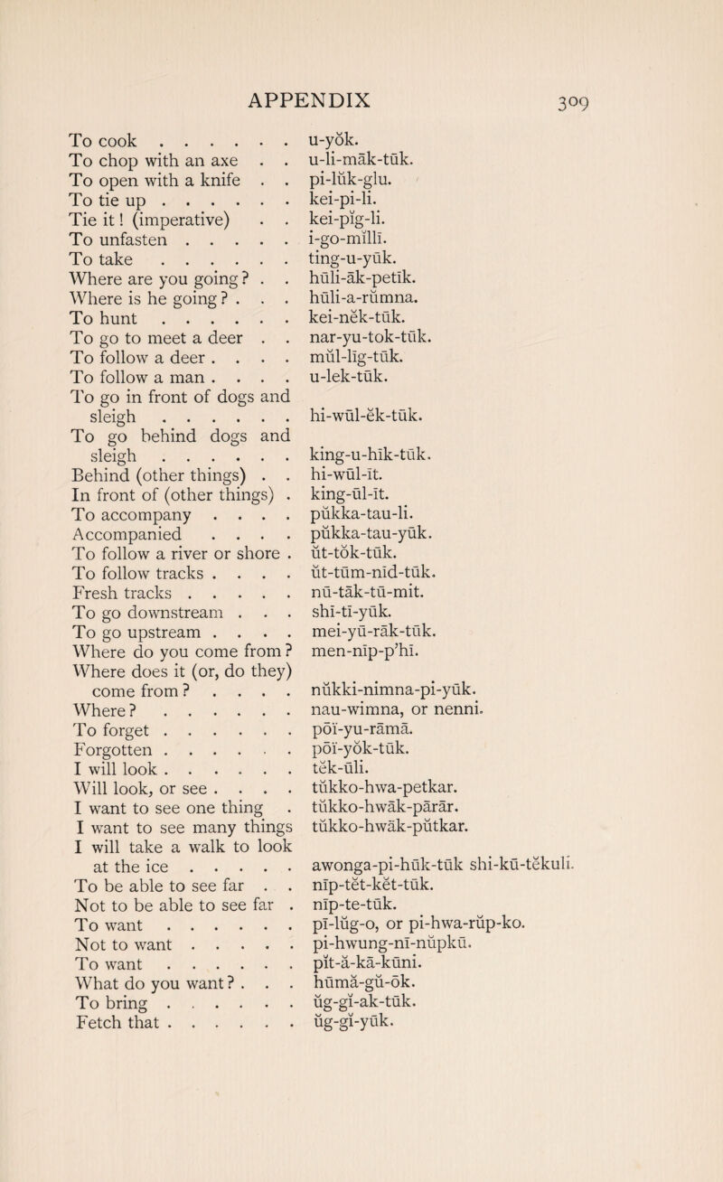 3°9 To cook .... u-yok. To chop with an axe • • u-li-mak-tuk. To open with a knife « • pi-luk-glu. To tie up . . • • kei-pi-li. Tie it! (imperative) • kei-pig-li. To unfasten . . i-go-milll. To take .... • • ting-u-yuk. Where are you going ? • • huli-ak-petik. Where is he going ? . • • huli-a-rumna. To hunt .... kei-nek-tuk. To go to meet a deer • • nar-yu-tok-tuk. To follow a deer . . • • mul-lig-tuk. To follow a man . . • « u-lek-tuk. To go in front of dogs and sleigh .... • • hi-wul-ek-tuk. To go behind dogs and sleigh .... • • king-u-hik-tuk. Behind (other things) • • hi-wul-It. In front of (other things) . king-ul-it. To accompany . . • » pukka-tau-li. Accompanied • • pukka-tau-yuk. To follow a river or shore . ut-tok-tuk. To follow tracks . • • ut-tum-nld-tuk. Fresh tracks . • • nu-tak-tu-mit. To go downstream . • • shi-ti-yuk. To go upstream . • • mei-yu-rak-tuk. Where do you come from ? men-mp-pjhl. Where does it (or, do they) come from ? • • niikki-nimna-pi-yuk. Where ? .... nau-wimna, or nenni. To forget .... • • poi-yu-rama. Forgotten .... ■ . poi-yok-tuk. I will look .... • • tek-uli. Will look, or see . • • tiikko-hwa-petkar. I want to see one thin g • tukko-hwak-parar. I want to see many things tiikko-hwak-putkar. I will take a walk to look at the ice . . • • awonga-pi-huk-tuk shi-ku-tekuli. To be able to see far • • nlp-tet-ket-tuk. Not to be able to see 7ar . nlp-te-tuk. To want .... pl-liig-o, or pi-hwa-rup-ko. Not to want . • • pi-hwung-nl-nupku. To want .... • » pit-a-ka-kuni. What do you want ? . • • huma-gu-ok. To bring .... ug-gi-ak-tuk. Fetch that .... • • ug-gi-yuk.