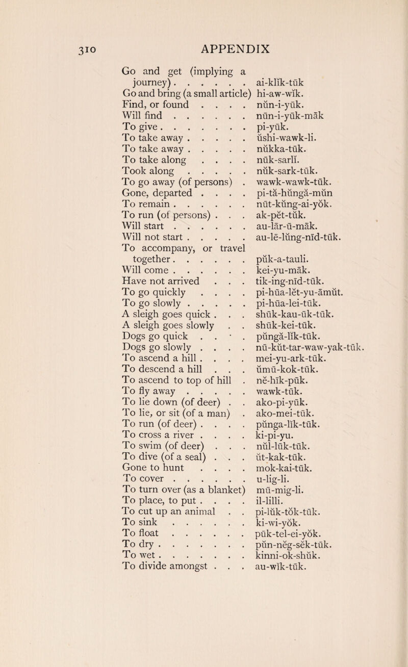 3io Go and get (implying a journey).ai-klik-tuk Go and bring (a small article) hi-aw-wik. Find, or found . Will find . . . To give .... To take away . To take away . To take along Took along . . To go away (of persons) . Gone, departed . . . . To remain. To run (of persons) . . Will start. Will not start. To accompany, or travel together. Will come. Have not arrived To go quickly . . . . To go slowly. A sleigh goes quick . . . A sleigh goes slowly . . Dogs go quick . . • . Dogs go slowly . . To ascend a hill .... To descend a hill . . . To ascend to top of hill . To fly away. To lie down (of deer) . To lie, or sit (of a man) To run (of deer) . . . . To cross a river . To swim (of deer) . . . To dive (of a seal) . . . Gone to hunt . To cover. To turn over (as a blanket) To place, to put . . . . To cut up an animal . . To sink. To float. To dry. To wet. To divide amongst . . nun-i-yuk. nun-i-yuk-mak pi-yuk. ushi-wawk-li. nukka-tuk. nuk-sarli. nuk-sark-ttik. wawk-wa wk-tuk. pi-ta-hunga-mun nut-kung-ai-yok. ak-pet-tuk. au-lar-u-mak. au-le-liing-nld-tuk. piik-a-tauli. kei-yu-mak. tik-ing-nld-tuk. pi-hua-let-yu-amut. pi-hua-lei-tuk. shuk-kau-uk-tuk. shuk-kei-tuk. punga-lik-tuk. nu-kiit-tar-waw-yak-tuk. mei-yu-ark-tuk. iimu-kok-tuk. ne-hlk-puk. wa wk-tuk. ako-pi-yuk. ako-mei-tuk. punga-lik-tuk. ki-pi-yu. nul-luk-tuk. iit-kak-tuk. mok-kai-tuk. u-lig-li. mu-mig-li. il-lilli. pi-luk-tok-tuk. ki-wi-yok. puk-tel-ei-yok. piin-neg-sek-tuk. kinni-ok-shuk. au-wik-tuk.