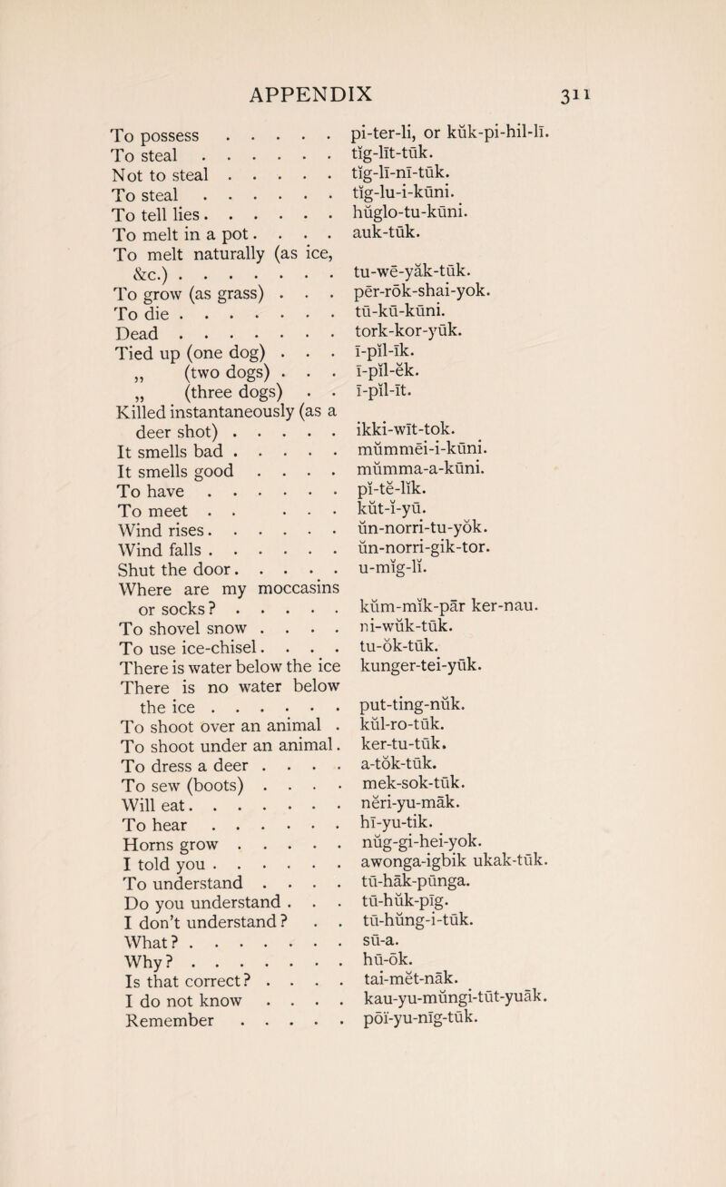 To possess . . To steal . . . Not to steal . . To steal To tell lies. To melt in a pot. To melt naturally &c.) .... To grow (as grass) (as ce To die. Dead. Tied up (one dog) . . . „ (two dogs) . . . „ (three dogs) . . Killed instantaneously (as a deer shot). It smells bad. It smells good .... To have. To meet . ... Wind rises. Wind falls. Shut the door. . . . _ . Where are my moccasins or socks?. To shovel snow . . . . To use ice-chisel. There is water below the ice There is no water below the ice. To shoot over an animal . To shoot under an animal. To dress a deer . . . . To sew (boots) . Will eat. To hear. Horns grow. I told you ...... To understand . . . . Do you understand . I don’t understand ? . . What?. Why?. Is that correct? . . . . I do not know . . . . Remember . . . . pi-ter-li, or kuk-pi-hil-ll. tig-lit-tuk. tig-ll-nl-tuk. tig-lu-i-kuni. hiiglo-tu-kuni. auk-tuk. tu-we-yak-tuk. per-rok-shai-yok. tu-ku-kuni. tork-kor-yuk. I-pil-Ik. I-pil-ek. l-pil-It. ikki-wlt-tok. mummei-i-kuni. mumma-a-kuni. pi-te-lik. kut-i-yu. un-norri-tu-yok. im-norri-gik-tor. u-mig-li. kum-mik-par ker-nau. ni-wuk-tuk. tu-ok-tuk. kunger-tei-yuk. put-ting-niik. kiil-ro-tuk. ker-tu-tuk. a-tok-tuk. mek-sok-tuk. neri-yu-mak. hl-yu-tik. nug-gi-hei-yok. awonga-igbik ukak-tiik. tu-hak-punga. tu-huk-plg. tu-hung-i-tuk. su-a. hu-ok. tai-met-nak. kau-yu-miingi-tut-yuak. poi-yu-nlg-tuk.