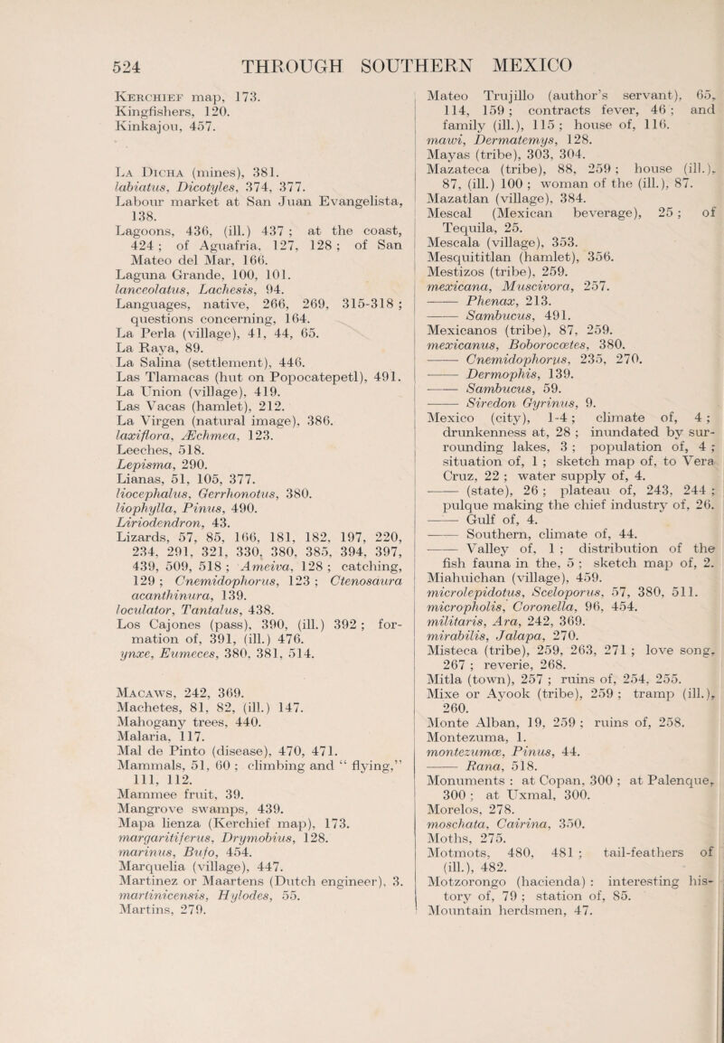 Kerchief map, 173. Kingfishers, 120. Kinkajon, 457. La Dicha (mines), 381. labiatus, Dicotyles, 374, 377. Labour market at San Juan Evangelista, 138. Lagoons, 436, (ill.) 437 ; at the coast, 424; of Aguafria, 127, 128; of San Mateo del Mar, 166. Laguna Grande, 100, 101. lanceolatus, Lachesis, 94. Languages, native, 266, 269, 315-318 ; questions concerning, 164. La Perla (village), 41, 44, 65. La Raya, 89. La Salina (settlement), 446. Las Tlamacas (hut on Popocatepetl), 491. La Union (village), 419. Las Vacas (hamlet), 212. La Virgen (natural image), 386. laxiftora, JEchmea, 123. Leeches, 518. Lepisma, 290. Lianas, 51, 105, 377. Hocephalus, Gerrhonotus, 380. liophylla, Finns, 490. Liriodendron, 43. Lizards, 57, 85, 166. 181, 182, 197, 220, 234, 291, 321, 330, 380, 385, 394, 397, 439, 509, 518 ; Ameiva, 128 ; catching, 129 ; Cnemidophorus, 123 ; Ctenosaura acanthinura, 139. loculator, Tantalus, 438. Los Cajones (pass), 390, (ill.) 392 ; for¬ mation of, 391, (ill.) 476. ynxe, Eumeces, 380, 381, 514. Macaws, 242, 369. Machetes, 81, 82, (ill.) 147. Mahogany trees, 440. Malaria, 117. Mai de Pinto (disease), 470, 471. Mammals, 51, 60 ; climbing and “ flying,” 111, 112. Mammee fruit, 39. Mangrove swamps, 439. Mapa lienza (Kerchief map), 173. margaritiferus, Drymobius, 128. marinus, Bufo, 454. Marquelia (village), 447. Martinez or Maartens (Dutch engineer), 3. martinicensis, Hylodes, 55. Martins, 279. Mateo Trujillo (author’s servant), 65, 114, 159; contracts fever, 46 ; and family (ill.), 115; house of, 116. mawi, Dermatemys, 128. Mayas (tribe), 303, 304. Mazateca (tribe), 88, 259; house (ill.), 87, (ill.) 100 ; woman of the (ill.), 87. Mazatlan (village), 384. Mescal (Mexican beverage), 25 ; of Tequila, 25. Mescala (village), 353. Mesquititlan (hamlet), 356. Mestizos (tribe), 259. mexicana, Muscivora, 257. - Phenax, 213. -Sambucus, 491. Mexicanos (tribe), 87, 259. mexicanus, Boborocoetes, 380. - Cnemidophorus, 235, 270. - Dermophis, 139. --Sambucus, 59. --- Siredon Gyrinus, 9. Mexico (city), 1-4 ; climate of, 4 ; drunkenness at, 28 ; inundated by sur¬ rounding lakes, 3 ; population of, 4 ; situation of, 1 ; sketch map of, to Vera Cruz, 22 ; water supply of, 4. -(state), 26 ; plateau of, 243, 244 ; pulque making the chief industry of, 26. —:— Gulf of, 4. -Southern, climate of, 44. --— Valley of, 1 ; distribution of the fish fauna in the, 5 ; sketch map of, 2. Miahuichan (village), 459. microlepidotus, Sceloporus, 57, 380, 511. micropholis, Coronella, 96, 454. militaris, Ara, 242, 369. mirabilis, Jalapa, 270. Misteca (tribe), 259, 263, 271 ; love song, 267 ; reverie, 268. Mitla (town), 257 ; ruins of, 254, 255. Mixe or Ayook (tribe), 259 ; tramp (ill.), 260. Monte Alban, 19, 259 ; ruins of, 258. Montezuma, 1. montezumce, Pinus, 44. - Ra?ia, 518. Monuments : at Copan, 300 ; at Palenque, 300 ; at Uxmal, 300. Morelos, 278. moschata, Cairina, 350. Moths, 275. Motmots, 480, 481 ; tail-feathers of (ill.), 482. Motzorongo (hacienda) : interesting his¬ tory of, 79 ; station of, 85. Mountain herdsmen, 47.