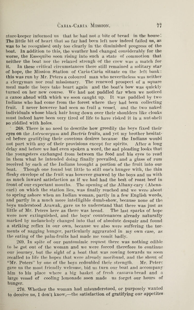 store-keeper informed 11s that lie had not a bite of bread in the house! The little bit of heart that so far had been left now indeed failed us, as was to be recognised only too clearly in the diminished progress of the boat. In addition to this, the weather had changed considerably for the worse, the Essequibo soon rising into such a state of commotion that neither the boat nor the relaxed strengh of the crew was a match for it. In these critical circumstances there still remained a solitary star of hope, the Mission Station of Caria-Caria situate on the left bank: this was run by Mr. Peters a coloured man who nevertheless was neither a clergyman nor real missionary. The renewed prospect of a square meal made the boys take heart again and the boat’s bow was quickly turned on her new course. We had not paddled far when we noticed a canoe ahead with which we soon caught up. It was paddled by two Indians who had come from the forest where they had been collecting fruit. I never however had seen so frail a vessel, and the two naked individuals whose black hair hung down over their shoulders like cloaks must indeed have been very tired of life to have risked it in a nut-shell go riddled with holes. 268. There is 110 need to describe how greedily the boys fixed their eyes on the Astrocaryum and Bactris fruits, and yet my brother hesitat¬ ed before gratifying their covetous desires because the Indians would not part with any of their provisions except for spirits. After a long delay and before we had even spoken a word, the sad pleading looks that the youngsters exchanged from between the food and his eyes to read in them what he intended doing finally prevailed, and a glass of rum received by each of the Indians brought a portion of the fruit into our boat. Though one found but little to still one’s hunger with, the thin fleshy envelope of the fruit was however gnawed by the boys and us with as much inward satisfaction as if we had had the bes't of roast beef in front of our expectant mouths. The opening of the Albany-cary (Abena- cari) on which the station lies, was finally reached and we were about to spring ashore when an Indian woman, partly in a few English words, and partly in a much more intelligible dumb-sliow, because none of the boys understood Arawak, gave us to understand 'that there was just as little of Mr. Peters here as there was bread. The last sparks of hope were now extinguished, and the boys’ countenances already naturally marked by melancholy changed into that of absolute despair and found a striking reflex in our own, because we also were suffering the tor¬ ments of nagging hunger, particularly aggravated in my own case, as the eating of the palimfruits had made me vomit badly. 269. In spite of our pantomimic request there was nothing edible to be got out of the woman and we were forced therefore to continue our journey, but the sight of a boat that was rowing towards us soon recalled to life the hopes that were already moribund, and the shout of “Mr. Peters” by one of the boys redoubled their strength. Mr. Peter? gave us the most friendly welcome, bid us turn our boat and accompany him to his place where a big basket of fresh cassava-bread and a large vessel of cooling lemonade soon made us forget our hours of hunger. 270. Whether the woman had misunderstood, or purposely wanted to deceive us, I don’t know,—the satisfaction of gratifying our appetites