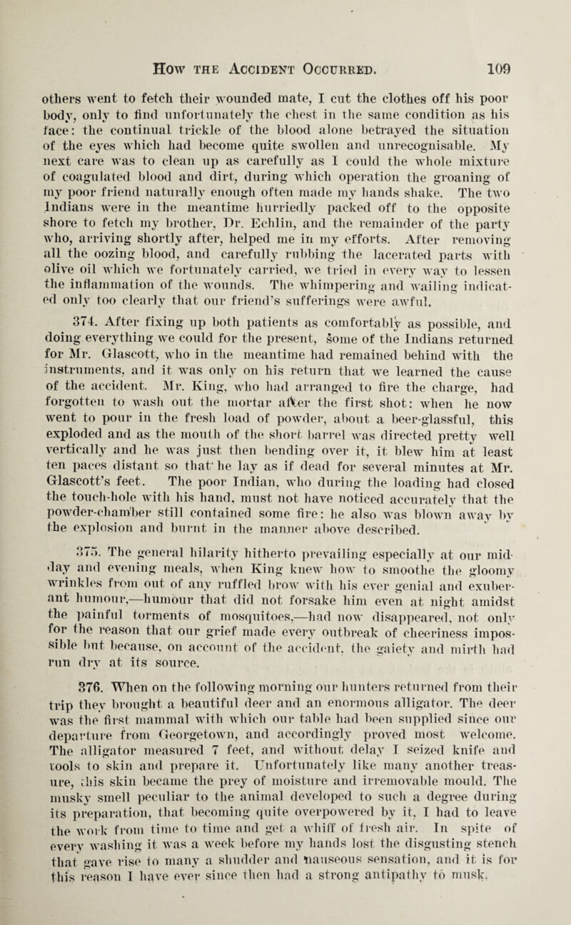 others went to fetch their wounded mate, I cut the clothes off his poor body, only to find unfortunately the chest in the same condition as his face: the continual trickle of the blood alone betrayed the situation of the eyes which had become quite swollen and unrecognisable. My next care was to clean up as carefully as I could the whole mixture of coagulated blood and dirt, during which operation the groaning of my poor friend naturally enough often made my hands shake. The two Indians were in the meantime hurriedly packed off to the opposite shore to fetch my brother, Dr. Echlin, and the remainder of the party who, arriving shortly after, helped me in my efforts. After removing all the oozing blood, and carefully rubbing the lacerated parts with olive oil which we fortunately carried, we tried in every wav to lessen the inflammation of the wounds. The whimpering and wailing indicat¬ ed only too clearly that our friend’s sufferings were awful. 374. After fixing up both patients as comfortably as possible, and doing everything we could for the present, some of the Indians returned for Mr. Glascott, who in the meantime had remained behind with the instruments, and it was only on his return that we learned the cause of the accident. Mr. King, who had arranged to fire the charge, had forgotten to wash out the mortar after the first shot: when he now went to pour in the fresh load of powder, about a beer-glassful, this exploded and as the mouth of the short barrel was directed pretty well vertically and he was just then bending over it, it blew him at least ten paces distant so that1 he lay as if dead for several minutes at Mr. Glaseott’s feet. The poor Indian, who during the loading had closed the touch-hole with his hand, must not have noticed accurately that the powder-chamber still contained some fire: he also was blown away by the explosion and burnt in the manner above described. 375. The general hilarity hitherto prevailing especially at our mid¬ day and evening meals, when King knew how to smoothe the gloomy wrinkles from out of any ruffled brow with his ever genial and exuber¬ ant humour,—humour that did not forsake him even at night amidst the painful torments of mosquitoes,—had now disappeared, not only for the reason that our grief made every outbreak of cheeriness impos¬ sible but because, on account of the accident, the gaiety and mirth had run dry at its source. 376. When on the following morning our hunters returned from their trip they brought a beautiful deer and an enormous alligator. The deer was the first mammal with which our table had been supplied since our departure from Georgetown, and accordingly proved most welcome. The alligator measured 7 feet, and without delay I seized knife and tools to skin and prepare it. Unfortunately like many another treas¬ ure, ciiis skin became the prey of moisture and irremovable mould. The musky smell peculiar to the animal developed to such a degree during its preparation, that becoming quite overpowered by it, I had to leave the work from time to time and get a whiff of fresh air. In spite of every washing it was a week before my hands lost the disgusting stench that gave rise to many a shudder and nauseous sensation, and it is for this reason I have ever since then had a strong antipathy to musk,