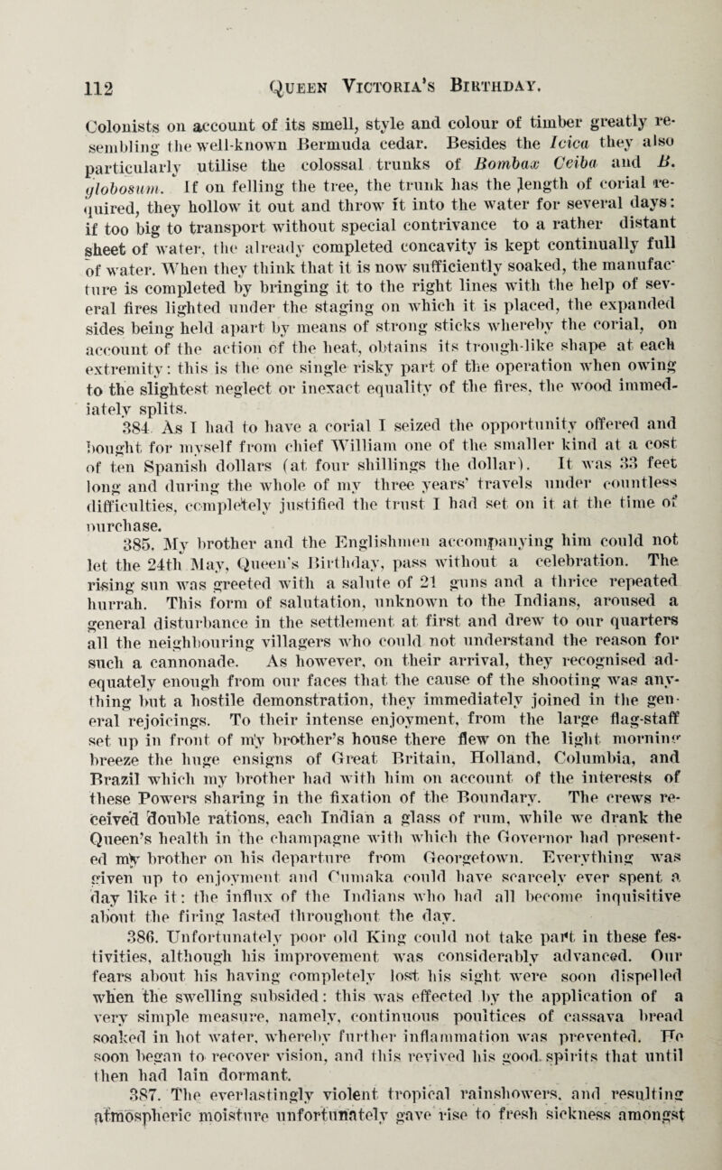 Colonists on account of its smell, style and colour of timber greatly re¬ sembling the well-known Bermuda cedar. Besides the Idea they also particularly utilise the colossal trunks of Bombax Ceiba and B. (jlobosum. * If on felling the tree, the trunk has the Jength of corial -re¬ quired, they hollow it out and throw it into the water for several days: if too big to transport without special contrivance to a rather distant sheet of water, the already completed concavity is kept continually full of water. When they think that it is now sufficiently soaked, the manufac¬ ture is completed by bringing it to the right lines with the help of sev¬ eral fires lighted under the staging on which it is placed, the expanded sides being held apart by means of strong sticks whereby the corial, on account of the action of the heat, obtains its trough-like shape at each extremity: this is the one single risky part of the operation when owing to the slightest neglect or inexact equality of the fires, the wood immed¬ iately splits. 384. As I had to have a corial I seized the opportunity offered and bought for myself from chief William one of the smaller kind at a cost of ten Spanish dollars (at four shillings the dollar). It was 33 feet long and during the whole of my three years’ travels under countless difficulties, completely justified the trust I had set on it at the time of mirchase. 385. My brother and the Englishmen accompanying him could not let the 24th May, Queen’s Birthday, pass without a celebration. The, rising sun was greeted with a salute of 21 guns and a thrice repeated hurrah. This form of salutation, unknown to the Indians, aroused a general disturbance in the settlement at first and drew to our quarters all the neighbouring villagers who could not understand the reason for such a cannonade. As however, on their arrival, they recognised ad¬ equately enough from our faces that the cause of the shooting was any¬ thing but a hostile demonstration, they immediately joined in the gen¬ eral rejoicings. To their intense enjoyment, from the large flag-staff set up in front of m’v brother’s house there fiewT on the light morning breeze the huge ensigns of Great Britain, Holland, Columbia, and Brazil which my brother had with him on account of the interests of these Powers sharing in the fixation of the Boundary. The crews re¬ ceived double rations, each Indian a glass of rum, while we drank the Queen’s health in the champagne with which the Governor had present¬ ed m>c brother on his departure from Georgetown. Everything was given up to enjoyment and Cumaka could have scarcely ever spent a day like it: the influx of the Indians who had all become inquisitive about the firing lasted throughout the day. 386. Unfortunately poor old King could not take part in these fes¬ tivities, although his improvement was considerably advanced. Our fears about his having completely lost his sight were soon dispelled when the swelling subsided: this was effected by the application of a very simple measure, namely, continuous poultices of cassava bread soaked in hot water, whereby further inflammation was prevented. He soon began to recover vision, and this revived his good, spirits that until then had lain dormant. 387. The everlastingly violent tropical rainshowers, and resulting atmospheric moisture unfortunately gave rise to fresh sickness amongst
