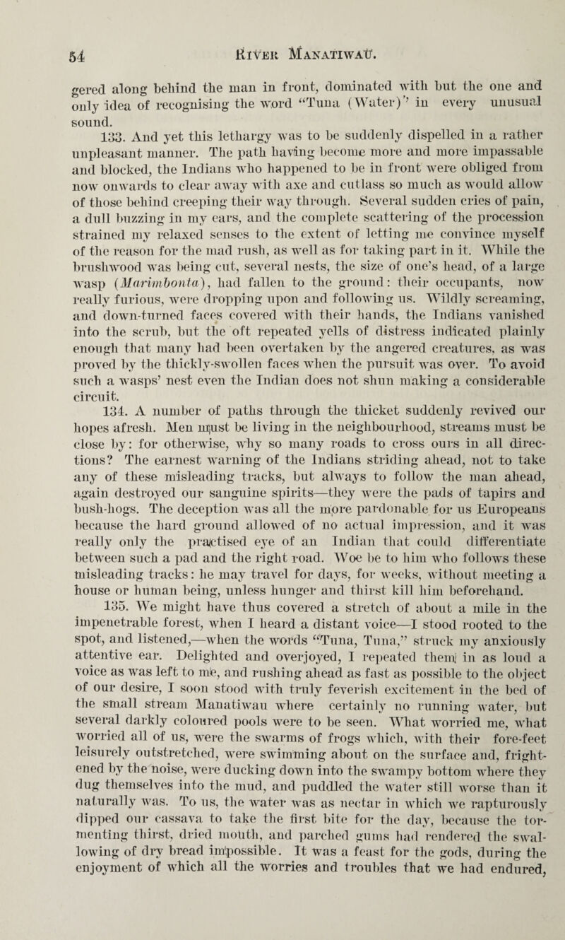 gered along behind the man in front, dominated with but the one and only idea of recognising the word “Tuna (Water)’’ in every unusual sound. 133. And yet this lethargy was to be suddenly dispelled in a rather unpleasant manner. The path having become more and more impassable and blocked, the Indians who happened to be in front were obliged from now onwards to clear away with axe and cutlass so much as would allow of those behind creeping their way through. Several sudden cries of pain, a dull buzzing in my ears, and the complete scattering of the pro-cession strained my relaxed senses to the extent of letting me convince myself of the reason for the mad rush, as well as for taking part in it. While the brushwood was being cut, several nests, the size of one’s head, of a large wasp (Marimbonta), had fallen to the ground: their occupants, now really furious, were dropping upon and following us. Wildly screaming, and down-turned faces covered with their hands, the Indians vanished into the scrub, but the oft repeated yells of distress indicated plainly enough that many had been overtaken by the angered creatures, as was proved by the thickly-swollen faces when the pursuit was over. To avoid such a wasps’ nest even the Indian does not shun making a considerable circuit. 134. A number of paths through the thicket suddenly revived our hopes afresh. Men m)ust be living in the neighbourhood, streams must be close by: for otherwise, why so many roads to cross ours in all direc¬ tions? The earnest warning of the Indians striding ahead, not to take any of these misleading tracks, but always to follow the man ahead, again destroyed our sanguine spirits—they were the pads of tapirs and bush-hogs. The deception was all the mpre pardonable for us Europeans because the hard ground allowed of no actual impression, and it was really only the practised eye of an Indian that could differentiate between such a pad and the right road. Woe be to him who follows these misleading tracks: he may travel for days, for weeks, without meeting a house or human being, unless hunger and thirst kill him beforehand. 135. We might have thus covered a stretch of about a mile in the impenetrable forest, when I heard a distant voice—I stood rooted to the spot, and listened,—when the words “Tuna, Tuna,” struck my anxiously attentive ear. Delighted and overjoyed, I repeated them] in as loud a voice as was left to mte, and rushing ahead as fast as possible to the object of our desire, I soon stood with truly feverish excitement in the bed of the small stream Manatiwau where certainly no running water, but several darkly coloured pools were to be seen. What worried me, what worried all of us, were the swarms of frogs which, with their fore-feet leisurely outstretched, were swimming about on the surface and, fright¬ ened by the noise, were ducking down into the swampy bottom where they dug themselves into the mud, and puddled the water still worse than it naturally was. To us, the water was as nectar in which we rapturously dipped our cassava to take the first bite for the day, because the tor¬ menting thirst, dried mouth, and parched gums had rendered the swal¬ lowing of dry bread impossible. It was a feast for the gods, during the enjoyment of which all the worries and troubles that we had endured,