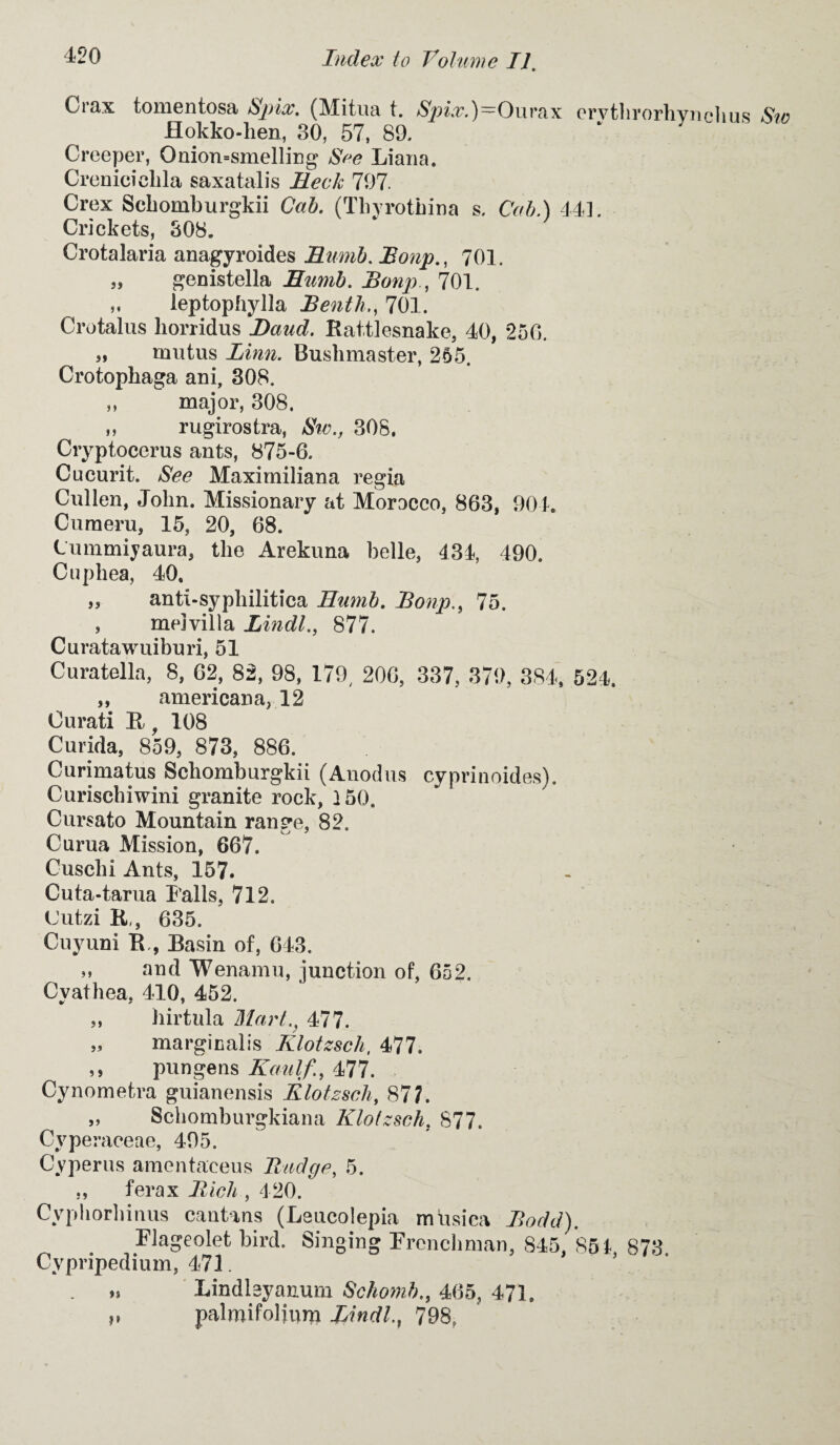 Orax tomentosa Spix,. (Mitua t. Spix.)—Ourax ervtbrorhyncbus Sw Hokko-lien, 30, 57, 89. Creeper, Onion=smelling See Liana. Crenicielila saxatalis Beck 797. Crex Scbomburgkii Cab. (Tliyrotbina s. Cab.) 441. Crickets, 308. Crotalaria anagyroides Bmnb. JBonp., 701. „ genistella Bumb. JBonp , 701. ,, leptopbylla JBenth., 701. Crotalus liorridus Baud. Rattlesnake, 40, 25G. „ mutus Linn. Busbmaster, 255. Crotopbaga ani, 308. ,, major, 308. ,, rugirostra, Sw., 308. Cryptocerus ants, 875-6. Cucurit. See Maxirniliana regia Cullen, John. Missionary at Morocco, 863, 904. Cumeru, 15, 20, 68. Cummiyaura, tlie Arekuna belle, 434, 490. Cupliea, 40. „ anti-sypbilitica Bumb. JBonp., 75. , melvilla Lindl., 877. Curatawuiburi, 51 Curatella, 8, 62, 82, 98, 179, 206, 337, 379, 384, 524. ,, americana, 12 Curati R 9 108 Curida, 859, 873, 886. Curimatus Scbomburgkii (Anodus cyprinoides). Curiscbiwini granite rock, 150. Cursato Mountain range, 82. Curua Mission, 667. Cuscbi Ants, 157. Cuta-tarua Falls, 712. Cutzi R,, 635. Cuyuni R , Basin of, 643. ,, and Wenamu, junction of, 652. Cyathea, 410, 452. ,, hirtula Mart., 477. „ marginalis Klotzsch, 477. ,, pungens Kaulf, 477. Cynometra guianensis Klotzsch, 877. „ Scbomburgkiana Klotzsch. 877. Cyperaeeae, 495. Cyperus amentaceus Budge, 5. ., ferax Rich , 420. Cypborbinus cantans (Leucolepia mbsiea Bodd). Flageolet bird. Singing Frencbman, 845, 854 873 Cypripedium, 471. ' ’ „ Lind lay auum Schomb., 465, 471, „ palmifoljum Zinctl., 798,