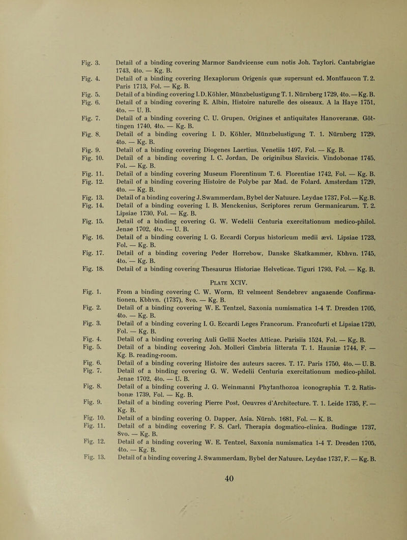 Fig. 3. Detail of a binding covering Marmor Sandvicense cum notis Joh. Taylori. Cantabrigiae 1743, 4to. — Kg. B. Fig. 4. Detail of a binding covering Hexaplorum Origenis quae supersunt ed. Montfaucon T. 2. Paris 1713, Fol. — Kg. B. Fig. 5. Detail of a binding covering I. D. Kohler, Miinzbelustigung T. 1. Ntirnberg 1729, 4to.—Kg. B. Fig. 6. Detail of a binding covering E. Albin, Histoire naturelle des oiseaux. A la Haye 1751, 4to. — U. B. Fig. 7. Detail of a binding covering C. U. Grupen, Origines et antiquitates Hanoveranse. Got¬ tingen 1740, 4to. — Kg. B. Fig. 8. Detail of a binding covering I. D. Kohler, Miinzbelustigung T. 1. Niirnberg 1729, 4to. — Kg. B. Fig. 9. Detail of a binding covering Diogenes Laertius. Venetiis 1497, Fol. — Kg. B. Fig. 10. Detail of a binding covering I. C. Jordan, De originibus Slavicis. Vindobonae 1745, Fob — Kg. B. Fig. 11. Detail of a binding covering Museum Florentinum T. 6. Florentiae 1742, Fob — Kg. B. Fig. 12. Detail of a binding covering Histoire de Polybe par Mad. de Folard. Amsterdam 1729, 4to. — Kg. B. Fig. 13. Detail of a binding covering J. Swammerdam, Bybel der Natuure. Leydae 1737, Fob — Kg.B. Fig. 14. Detail of a binding covering I. B. Menckenius, Scriptores rerum Germanicarum. T. 2. Lipsiae 1730, Fob — Kg. B. Fig. 15. Detail of a binding covering G. W. Wedelii Centuria exercitationum medico-philol. Jenae 1702, 4to. — U. B. Fig. 16. Detail of a binding covering I. G. Eccardi Corpus historicum medii aevi. Lipsiae 1723, Fob — Kg. B. Fig. 17. Detail of a binding covering Peder Horrebow, Danske Skatkammer, Kbhvn. 1745, 4to. — Kg. B. Fig. 18. Detail of a binding covering Thesaurus Historiae Helveticae. Tiguri 1793, Fob — Kg. B. Plate XCIV. Fig. 1. From a binding covering C. W. Worm, Et velmeent Sendebrev angaaende Confirma- tionen, Kbhvn. (1737), 8vo. — Kg. B. Fig. 2. Detail of a binding covering W. E. Tentzel, Saxonia numismatica 1-4 T. Dresden 1705, 4to. — Kg. B. Fig. 3. Detail of a binding covering I. G. Eccardi Leges Francorum. Francofurti et Lipsiae 1720, Fob — Kg. B. Fig. 4. Detail of a binding covering Auli Gellii Noctes Atticae. Parisiis 1524, Fob — Kg. B. Fig. 5. Detail of a binding covering Joh. Molleri Cimbria litterata T. 1. Hauniae 1744, F. — Kg. B. reading-room. Fig. 6. Detail of a binding covering Histoire des auteurs sacres. T. 17. Paris 1750, 4to. — U. B. Fig. 7. Detail of a binding covering G. W. Wedelii Centuria exercitationum medico-philol. Jenae 1702, 4to. — U. B. Fig. 8. Detail of a binding covering J. G. Weinmanni Phytanthozoa iconographia T. 2. Ratis- bonae 1739, Fob — Kg. B. Fig. 9. Detail of a binding covering Pierre Post, Oeuvres d’Architecture. T. 1. Leide 1735, F. — Kg. B. Fig. 10. Detail of a binding covering O. Dapper, Asia. Niirnb. 1681, Fob — K. B. Fig. 11. Detail of a binding covering F. S. Carl, Therapia dogmatico-clinica. Budingae 1737, 8vo. — Kg. B. Fig. 12. Detail of a binding covering W. E. Tentzel, Saxonia numismatica 1-4 T. Dresden 1705, 4to. — Kg. B. Fig. 13. Detail of a binding covering J. Swammerdam, Bybel der Natuure, Leydae 1737, F. — Kg. B.
