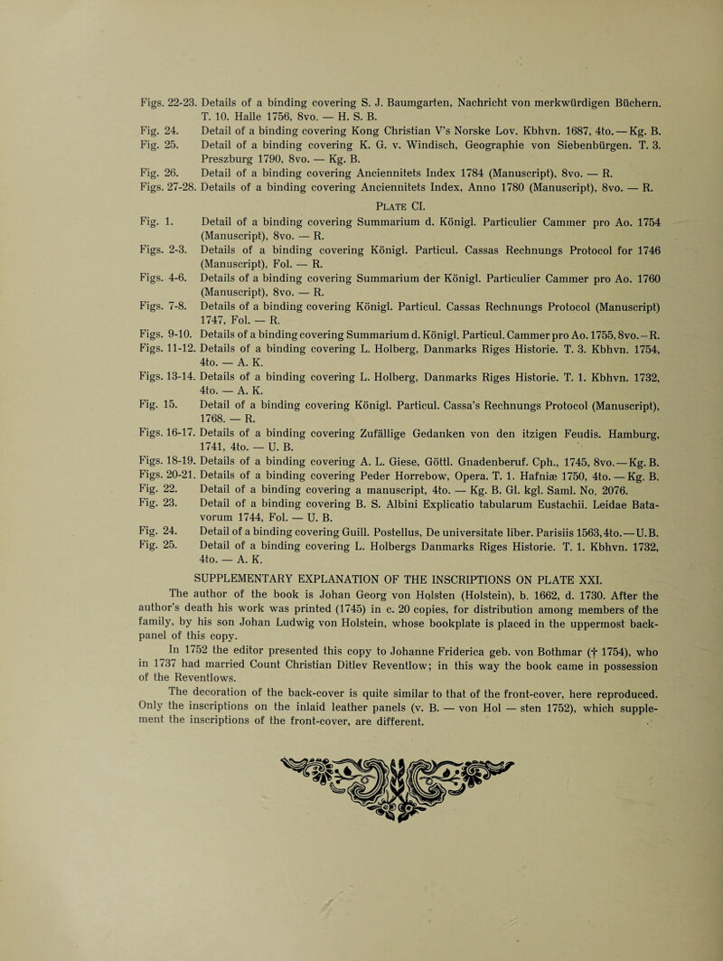 Figs. 22-23. Details of a binding covering S. J. Baumgarten, Nachricht von merkwiirdigen Biichern. T. 10. Halle 1756, 8vo. — H. S. B. Fig. 24. Detail of a binding covering Kong Christian V’s Norske Lov. Kbhvn. 1687, 4to. — Kg. B. Fig. 25. Detail of a binding covering K. G. v. Windisch, Geographie von Siebenburgen. T. 3. Preszburg 1790, 8vo. — Kg. B. Fig. 26. Detail of a binding covering Anciennitets Index 1784 (Manuscript), 8vo. — R. Figs. 27-28. Details of a binding covering Anciennitets Index, Anno 1780 (Manuscript), 8vo. — R. Plate CI. Detail of a binding covering Suraraarium d. Konigl. Particulier Cammer pro Ao. 1754 (Manuscript), 8vo. — R. Details of a binding covering Konigl. Particul. Cassas Rechnungs Protocol for 1746 (Manuscript), Fol. — R. Details of a binding covering Summarium der Konigl. Particulier Cammer pro Ao. 1760 (Manuscript), 8vo. — R. Details of a binding covering Konigl. Particul. Cassas Rechnungs Protocol (Manuscript) 1747, Fol. — R. Figs. 9-10. Details of a binding covering Summarium d. Konigl. Particul. Cammer pro Ao. 1755,8vo.-R. Figs. 11-12. Details of a binding covering L. Holberg, Danmarks Riges Historie. T. 3. Kbhvn. 1754, 4to. — A. K. Figs. 13-14. Details of a binding covering L. Holberg, Danmarks Riges Historie. T. 1. Kbhvn. 1732, 4to. — A. K. Fig. 15. Detail of a binding covering Konigl. Particul. Cassa’s Rechnungs Protocol (Manuscript), 1768. — R. Figs. 16-17. Details of a binding covering Zufallige Gedanken von den itzigen Feudis. Hamburg, 1741, 4to. — U. B. Figs. 18-19. Details of a binding covering A. L. Giese, Gotti. Gnadenberuf. Cph., 1745, 8vo.—Kg. B. Figs. 20-21. Details of a binding covering Peder Horrebow, Opera. T. 1. Hafnise 1750, 4to. — Kg. B. Fig. 22. Detail of a binding covering a manuscript, 4to. — Kg. B. Gl. kgl. Sami. No. 2076. Fig. 23. Detail of a binding covering B. S. Albini Explicatio tabularum Eustachii. Leidae Bata- vorum 1744, Fol. — U. B. Fig. 24. Detail of a binding covering Guill. Postellus, De universitate liber. Parisiis 1563,4to.—U.B. Fig. 25. Detail of a binding covering L. Holbergs Danmarks Riges Historie. T. 1. Kbhvn. 1732, 4to. — A. K. SUPPLEMENTARY EXPLANATION OF THE INSCRIPTIONS ON PLATE XXI. The author of the book is Johan Georg von Holsten (Holstein), b. 1662, d. 1730. After the author’s death his work was printed (1745) in c. 20 copies, for distribution among members of the family, by his son Johan Ludwig von Holstein, whose bookplate is placed in the uppermost back- panel of this copy. In 1752 the editor presented this copy to Johanne Friderica geb. von Bothmar (•}* 1754), who in 1737 had married Count Christian Ditlev Reventlow; in this way the book came in possession of the Reventlows. The decoration of the back-cover is quite similar to that of the front-cover, here reproduced. Only the inscriptions on the inlaid leather panels (v. B. — von Hoi — sten 1752), which supple¬ ment the inscriptions of the front-cover, are different. Fig. 1. Figs. 2-3. Figs. 4-6. Figs. 7-8.