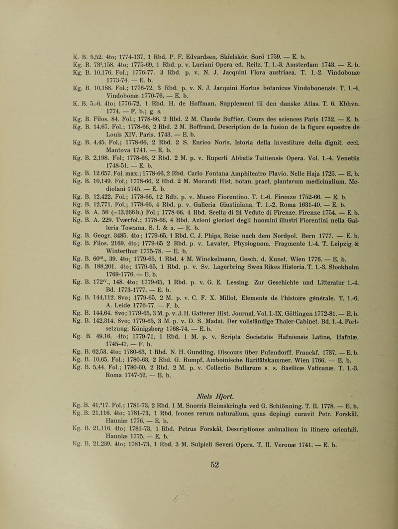 K. B. 5,52. 4to; 1774-137, 1 Rbd. P. F. Edvardsen, Skielskor. Sorb 1759. — E. b. Kg. B. 732,158. 4to; 1775-69, 1 Rbd. p. v. Luciani Opera ed. Reitz. T. 1.-3. Amsterdam 1743. — E. b. Kg. B. 10,176. Fob; 1776-77, 3 Rbd. p. v. N. J. Jacquini Flora austriaca. T. 1.-2. Vindobon® 1773-74. — E. b. Kg. B. 10,188. Fob; 1776-72, 3 Rbd. p. v. N. J. Jacquini Hortus botanicus Vindobonensis. T. 1.-4. Vindobon® 1770-76. — E. b. K. B. 5.-6. 4to; 1776-72, 1 Rbd. H. de Hoffman, Supplement til den danske Atlas. T. 6. Kbhvn. 1774. — F. b.; g. s. Kg. B. Filos. 84. Fob; 1778-66, 2 Rbd. 2 M. Claude Buffier, Cours des sciences Paris 1732. — E. b. Kg. B. 14,67. Fob; 1778-66, 2 Rbd. 2 M. Boffrand, Description de la fusion de la figure equestre de Louis XIV. Paris. 1743. — E. b. Kg. B. 4,45. Fob; 1778-66, 2 Rbd. 2 S. Enrico Noris, Istoria della investiture della dignit. eecl. Mantova 1741. — E. b. Kg. B. 2,198. Fol; 1778-66, 2 Rbd. 2 M. p. v. Ruperti Abbatis Tuitiensis Opera. Vol. 1.-4. Venetiis 1748-51. — E. b. Kg. B. 12.657. Fob max.; 1778-66, 2 Rbd. Carlo Fontana Amphiteatro Flavio. Nelle Haja 1725. — E. b. Kg. B. 10,149. Fob; 1778-66, 2 Rbd. 2 M. Morandi Hist, botan. pract. plantarum medicinalium. Me- diolani 1745. — E. b. Kg. B. 12,422. Fob; 1778-66, 12 Rdb. p. v. Museo Fiorentino. T. 1.-6. Firenze 1752-66. — E. b. Kg. B. 12,771. Fob; 1778-66, 4 Rbd. p. v. Galleria Giustiniana. T. 1.-2. Roma 1631-40. — E. b. Kg. B. A. 56 (=13,266b.) Fob; 1778-66, 4 Rbd. Scelta di 24 Vedute di Firenze. Firenze 1754. — E. b. Kg. B. A. 229. Tvserfol.; 1778-66, 4 Rbd. Azioni gloriosi degli huomini illustri Fiorentini nella Gal¬ leria Toscana. S. 1. & a. — E. b. Kg. B. Geogr. 3485. 4to; 1779-65, 1 Rbd. C. J. Phips, Reise nach dem Nordpol. Bern 1777. — E. b. Kg. B. Filos. 2169. 4to; 1779-65 2 Rbd. p. v. Lavater, Physiognom. Fragmente 1.-4. T. Leipzig & Winterthur 1775-78. — E. b. Kg. B. 60111., 39. 4to; 1779-65, 1 Rbd. 4 M. Winckelmann, Gesch. d. Kunst. Wien 1776. — E. b. Kg. B. 188,201. 4to; 1779-65, 1 Rbd. p. v. Sv. Lagerbring Swea Rikes Historia. T. 1.-3. Stockholm 1769-1776.—E. b. Kg. B. 1721V., 148. 4to; 1779-65, 1 Rbd. p. v. G. E. Lessing. Zur Geschichte und Litteratur 1.-4. Bd. 1773-1777. — E. b. Kg. B. 144,112. 8vo; 1779-65, 2 M. p. v. C. F. X. Millot, Elements de l’histoire generale. T. 1.-6. A. Leide 1776-77. — F. b. Kg. B. 144,64. 8vo; 1779-65, 3 M. p. v. J. H. Gatterer Hist. Journal. Vol. I.-IX. Gottingen 1772-81. — E. b. Kg. B. 142,314. 8vo; 1779-65, 3 M. p. v. D. S. Madai. Der vollstandige Thaler-Cabinet. Bd. 1.-4. Fort- setzung. Konigsberg 1768-74. — E. b. Kg. B. 49,16. 4to; 1779-71, 1 Rbd. 1 M. p. v. Scripta Societatis Hafniensis Latine, Hafni®. 1745-47. — F. b. Kg. B. 62,53. 4to; 1780-63, 1 Rbd. N. H. Gundling, Discours iiber Pufendorff. Franckf. 1737. —E.b. Kg. B. 10,65. Fob; 1780-63, 2 Rbd. G. Rumpf, Amboinische Raritatskammer. Wien 1766. — E. b. Kg. B. 5,44. Fob; 1780-60, 2 Rbd. 2 M. p. v. Collectio Bullarum s. s. Basilicse Vatican®. T. 1.-3. Roma 1747-52. — E. b. Niels Hjort. Kg. B. 41,217. Fob; 1781-73, 2 Rbd. 1 M. Snorris Heimskringla ved G. Schionning. T. II. 1778. — E. b. Kg. B. 21,116. 4to; 1781-73, 1 Rbd. leones rerum naturalium, quas depingi curavit Petr. Forskal. Hauni® 1776. — E. b. Kg. B. 21,116. 4to; 1781-73, 1 Rbd. Petrus Forskal, Descriptiones animalium in itinere orientali. Hauni® 1775. — E. b. Kg. B. 21,239. 4to; 1781-73, 1 Rbd. 3 M. Sulpicii Severi Opera. T. II. Veron® 1741. — E. b.